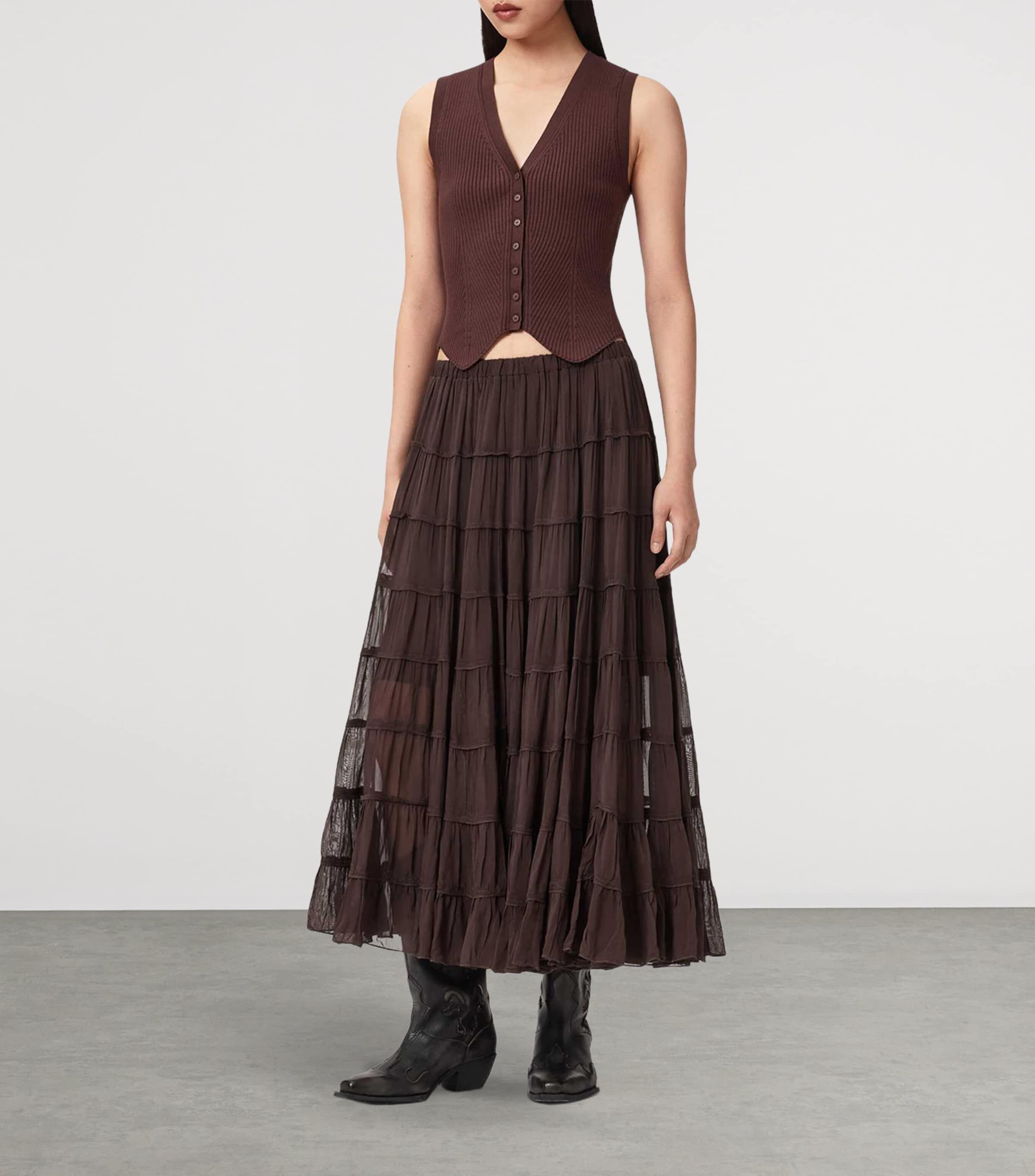 AllSaints Womens Gathered Eva Midi Skirt Bottle Brown Image 2