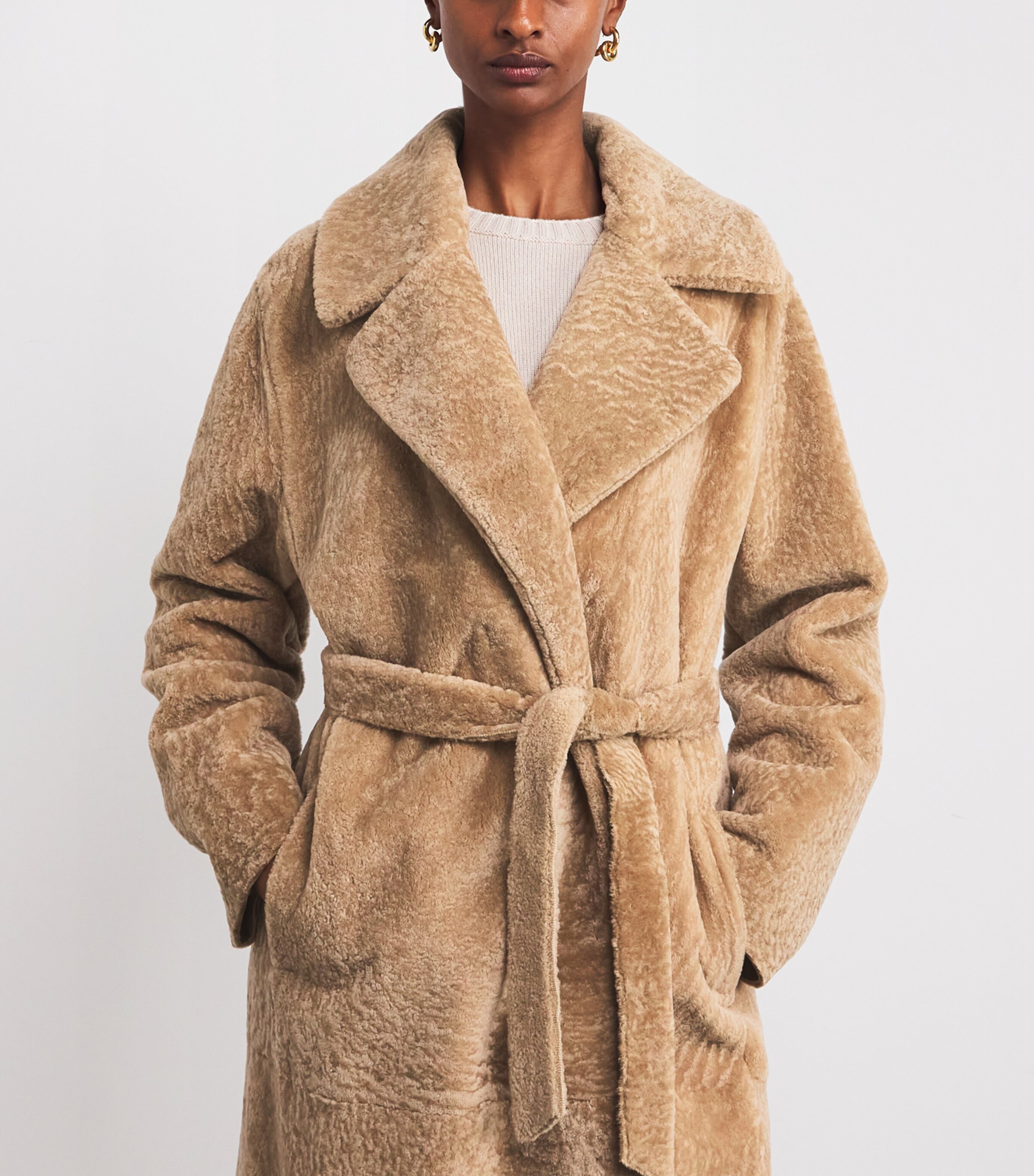 Eleventy Womens Shearling Long Trench Coat Sabbia Image 6
