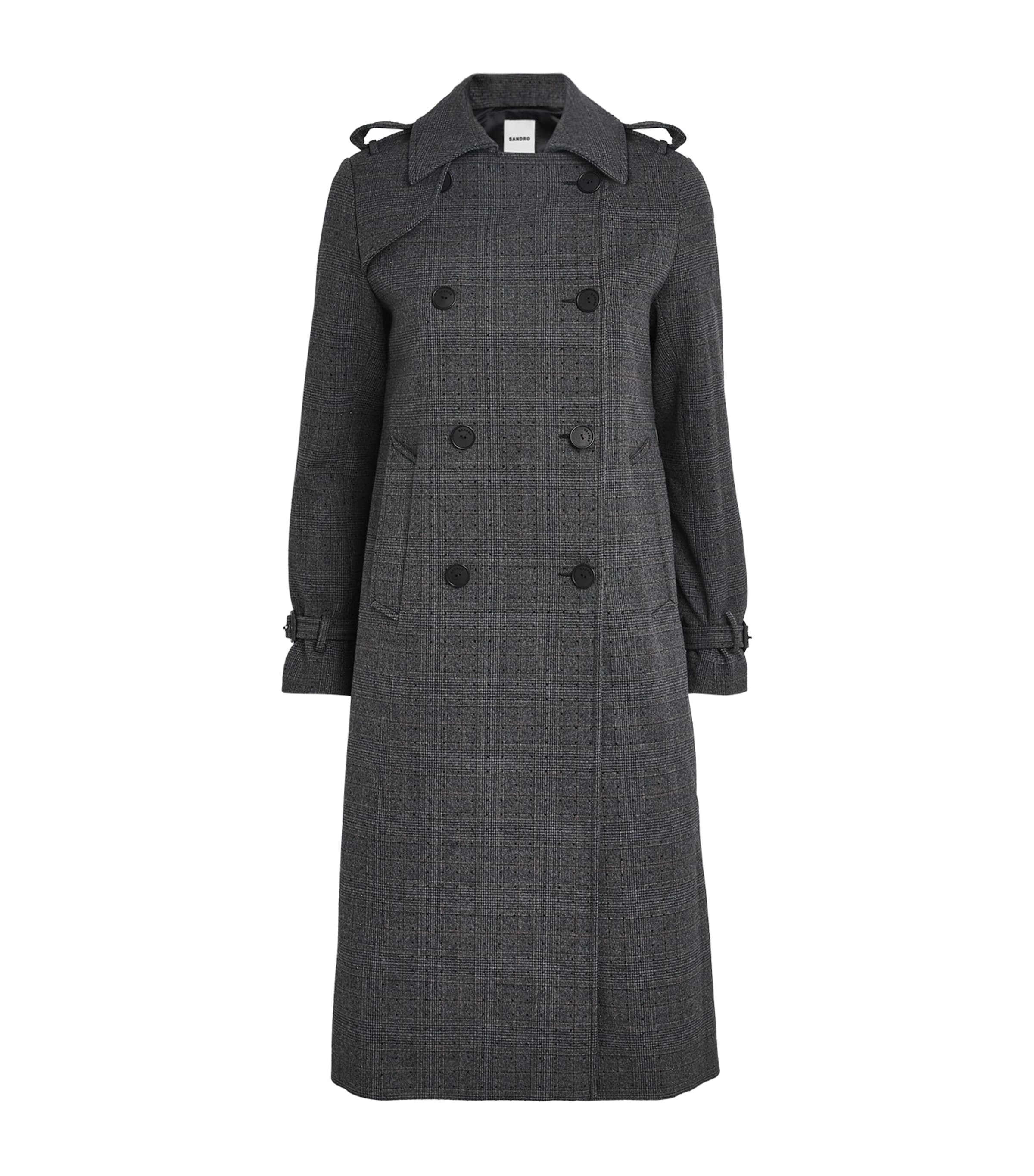 Sandro Rhinestone-embellished Check Trench Coat In Gray