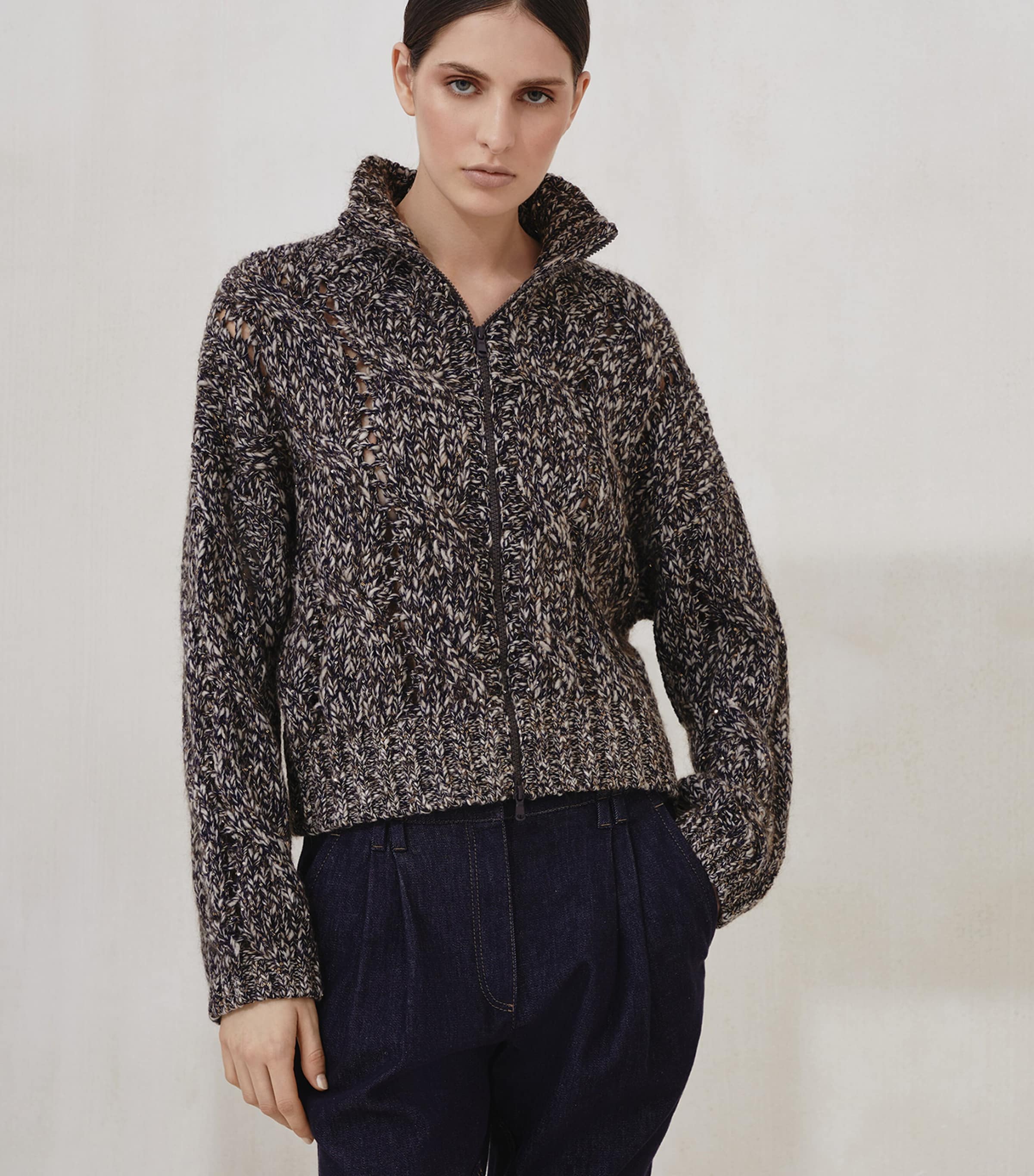 Wool-Blend Dazzling Zip-Up Sweater COJ57 Image 2