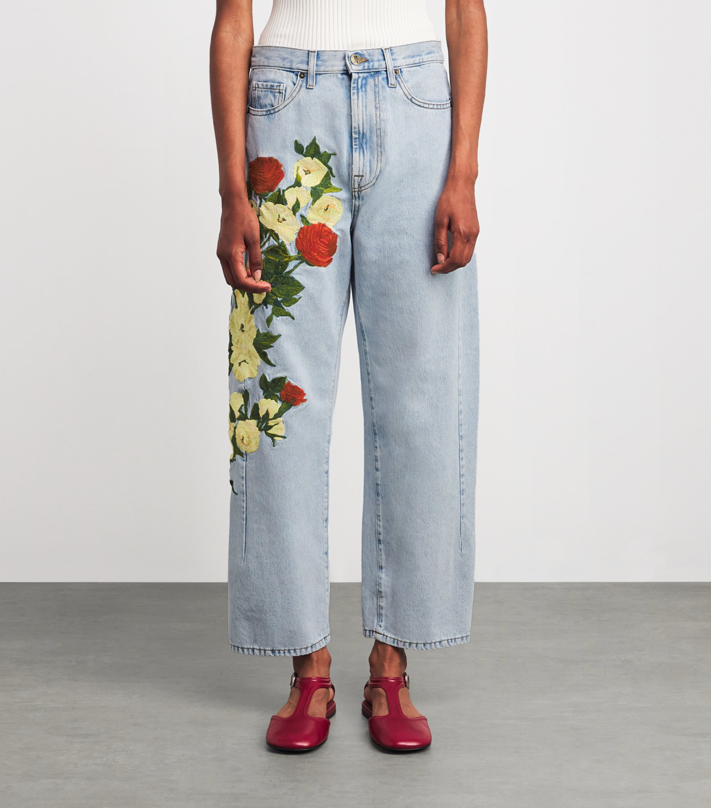 La Doublej Womens Floral Appliqué Barrel-Leg Jeans Mlti Rd/cmn/grn Image 3
