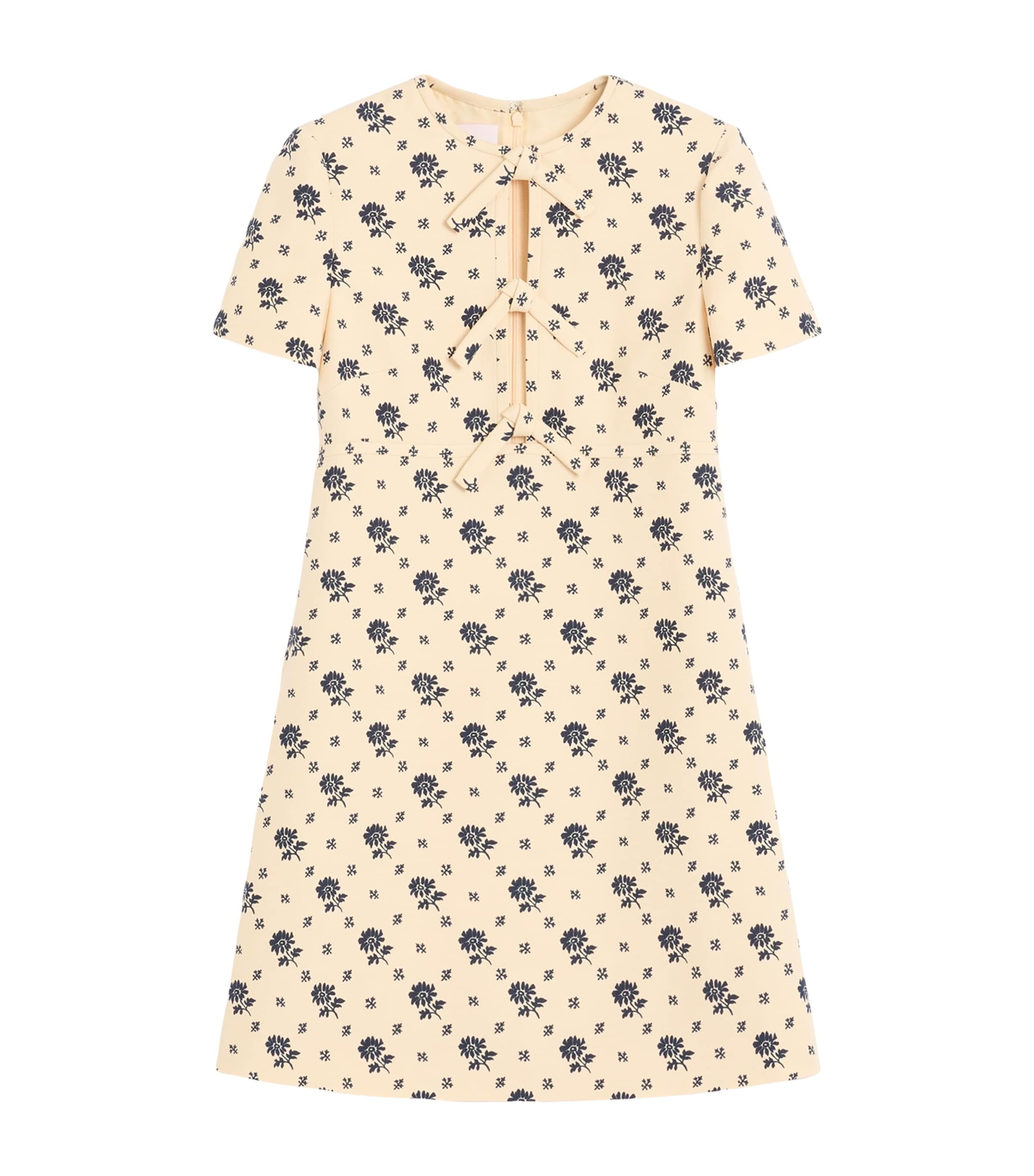 Valentino Floral Print Bow Keyhole Wool Mini Dress