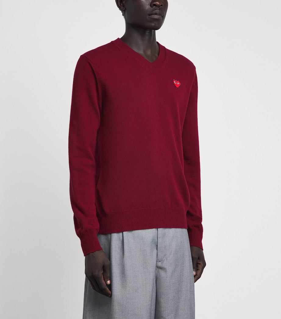 Comme Des Garçons Play Mens Wool Rhinestone Heart V-Neck Sweater Burgundy Image 4