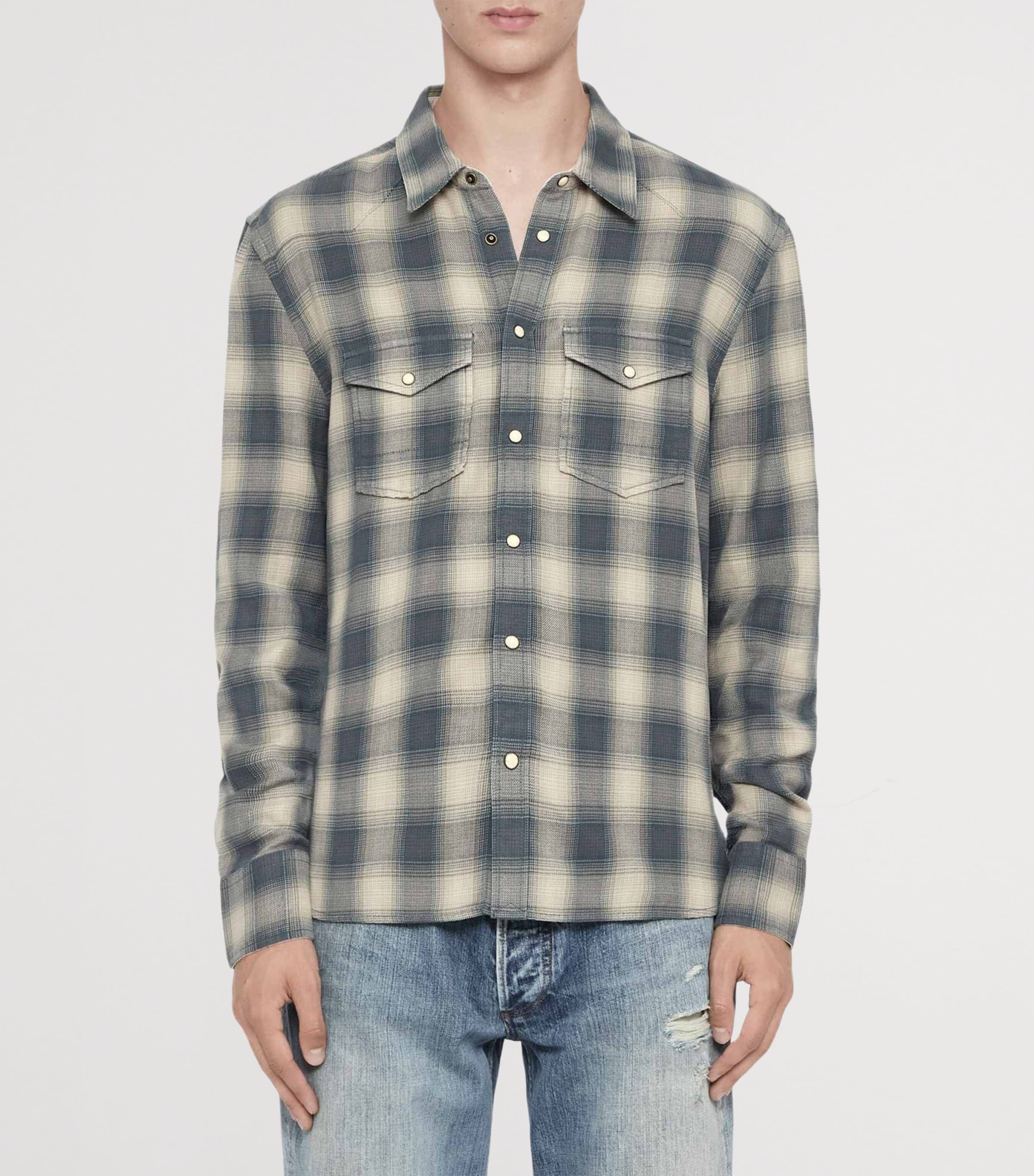 AllSaints Mens Organic Cotton Flannel Brook Shirt Blue Check Image 3