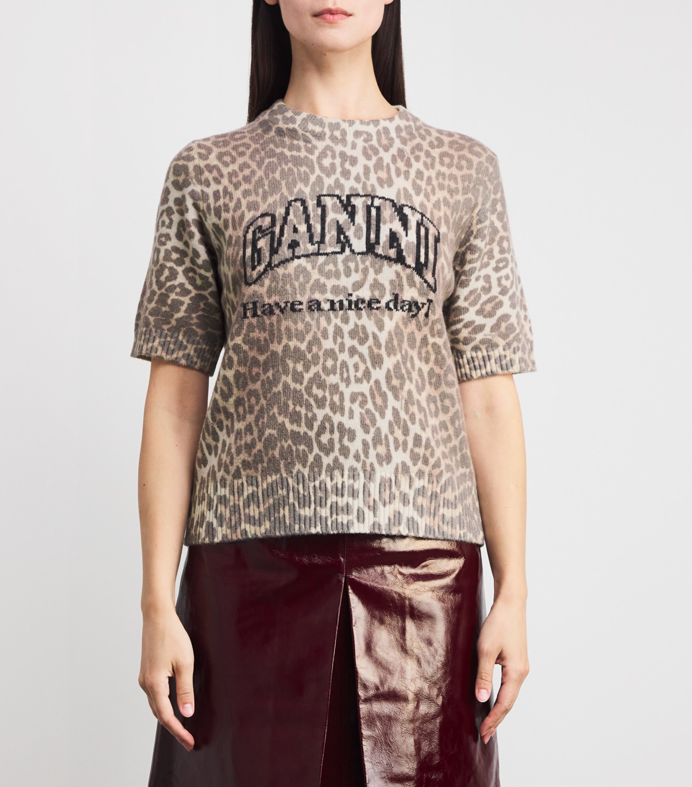 GANNI Multi Wool-Blend Leopard Print T-Shirt | Harrods UK