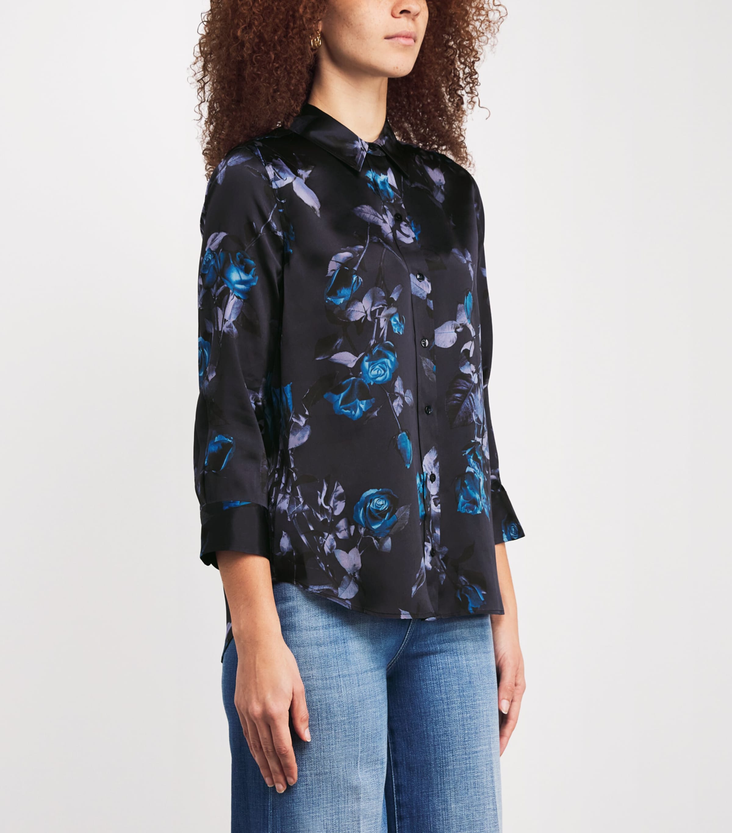 Silk Cropped-Sleeve Dani Blouse MIDNGHT MLTI MN FLRL Image 3
