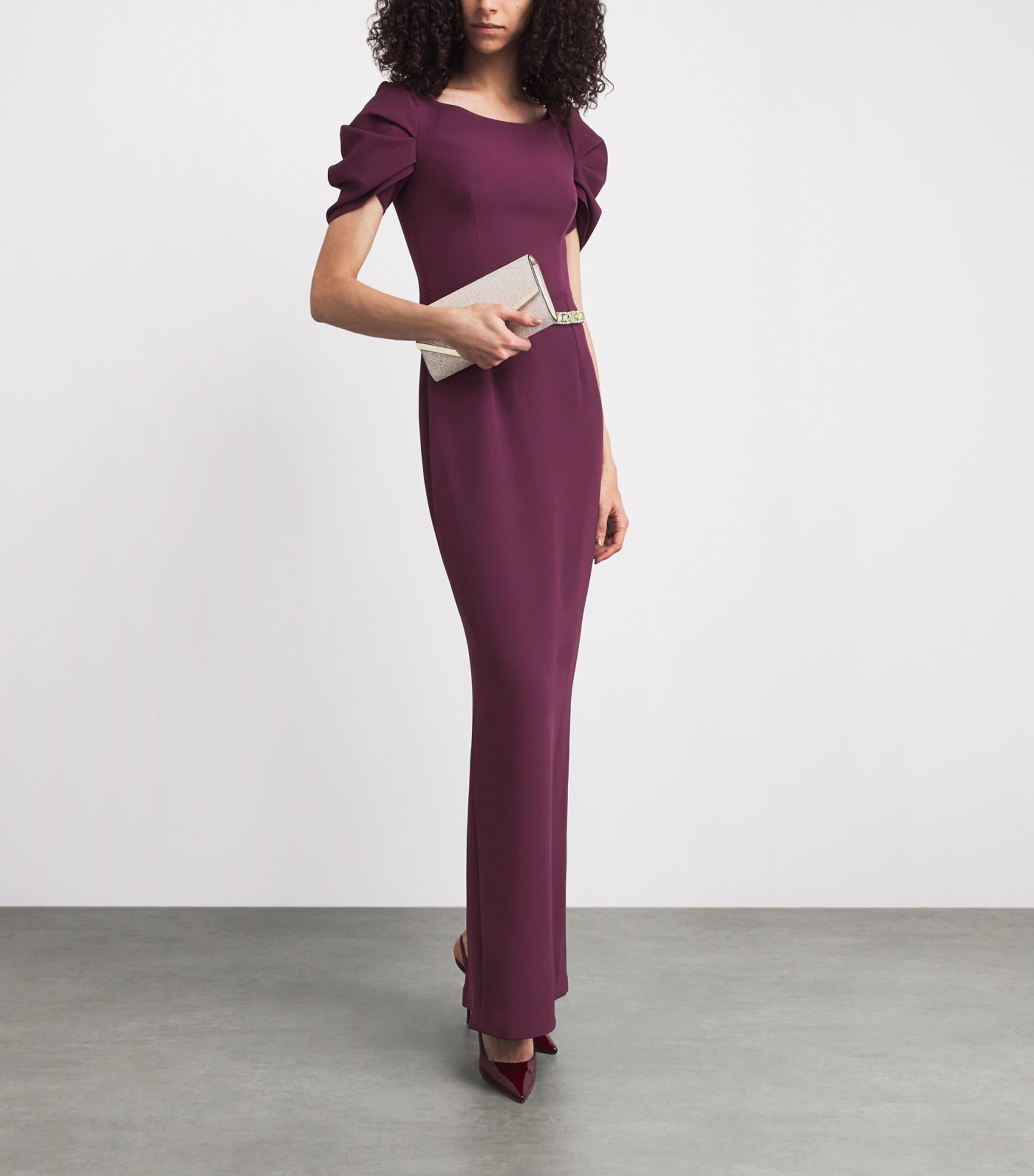 Safiyaa Womens Ruched-Sleeve Belted Gown Bordeaux W Yellow Image 2