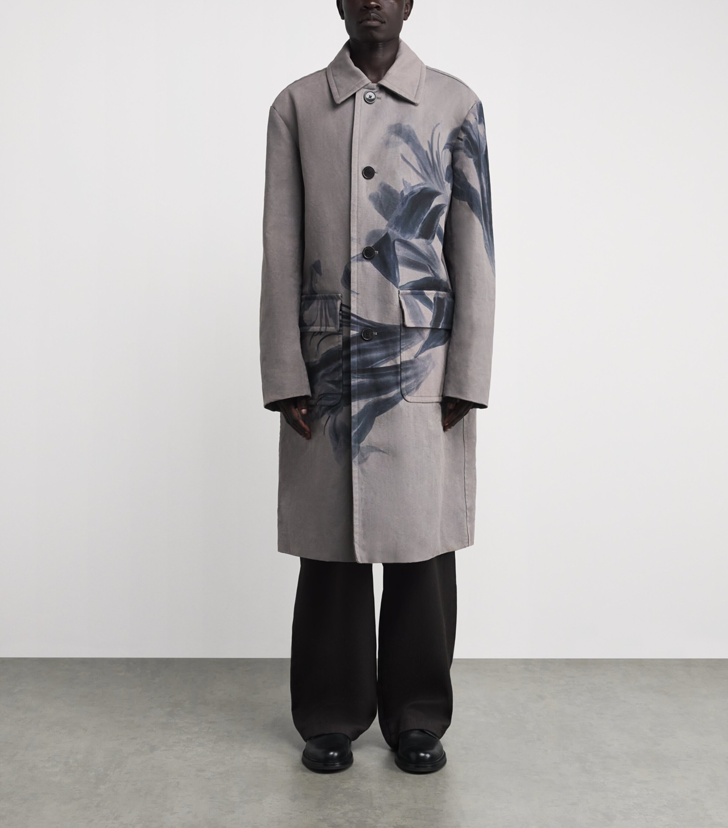 Cotton Floral Print Overcoat GREY Image 3