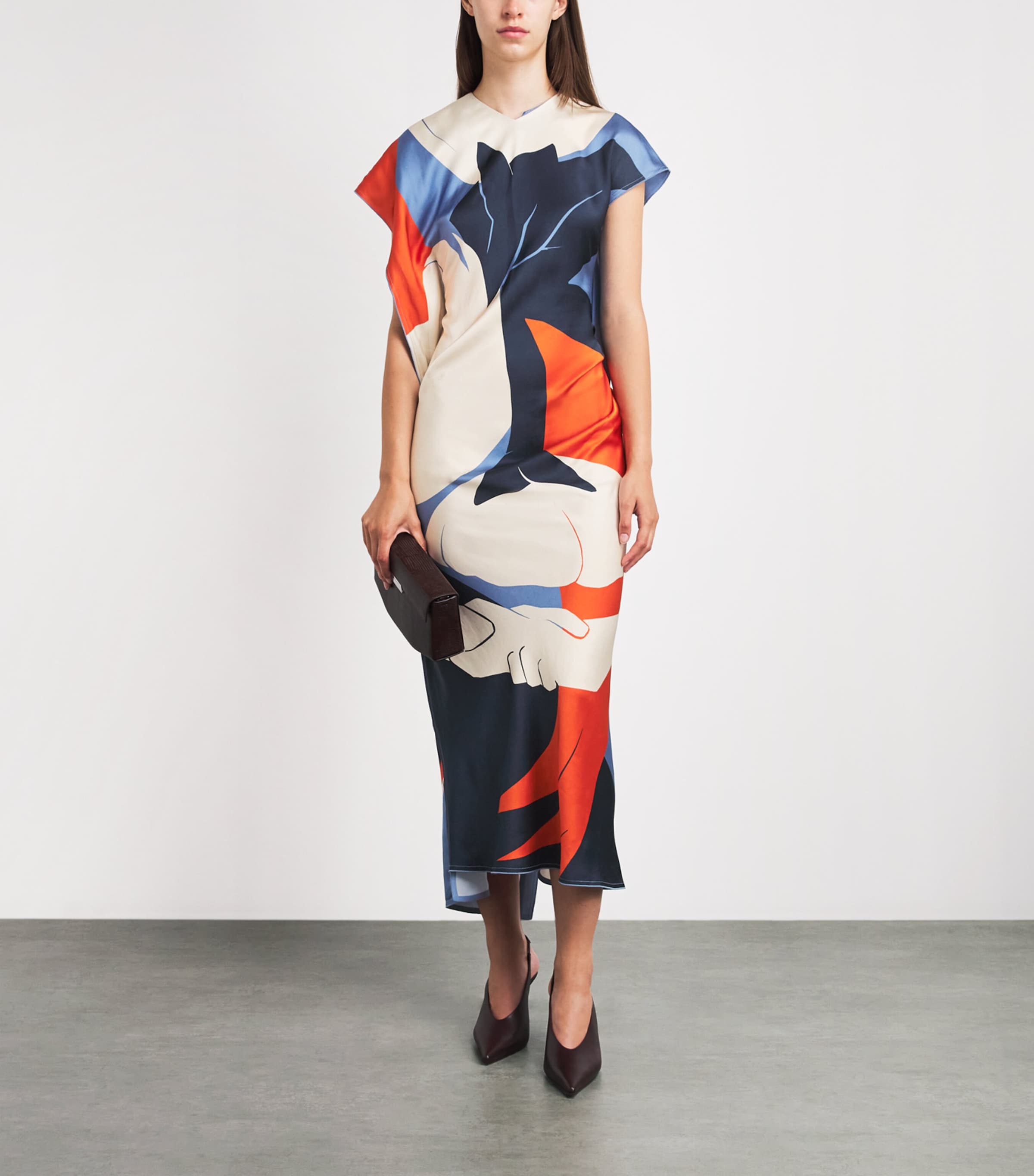 Victoria Beckham Womens Satin Draped Midi Dress Abstract Ocean Mist Image 2