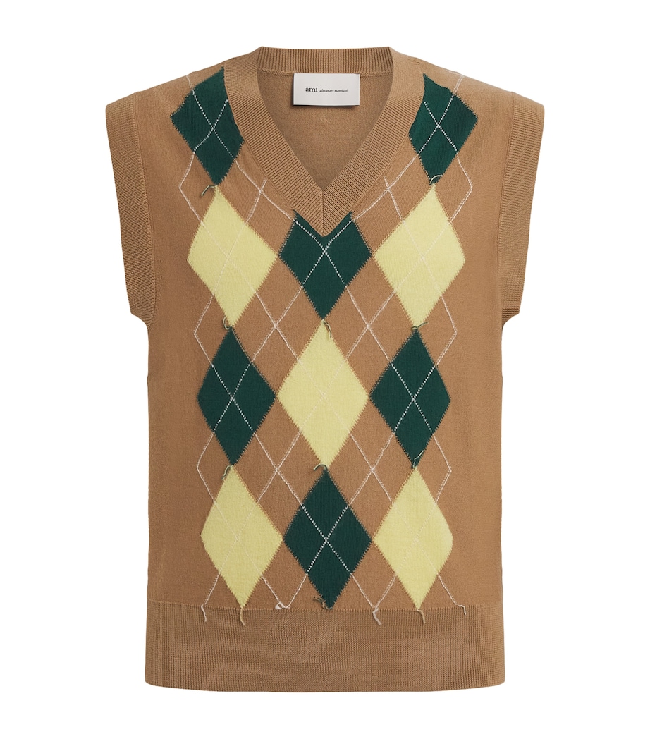 AMI Paris Mens Wool-Cotton Argyle Sweater Vest Camel/jaun/vert Image 1