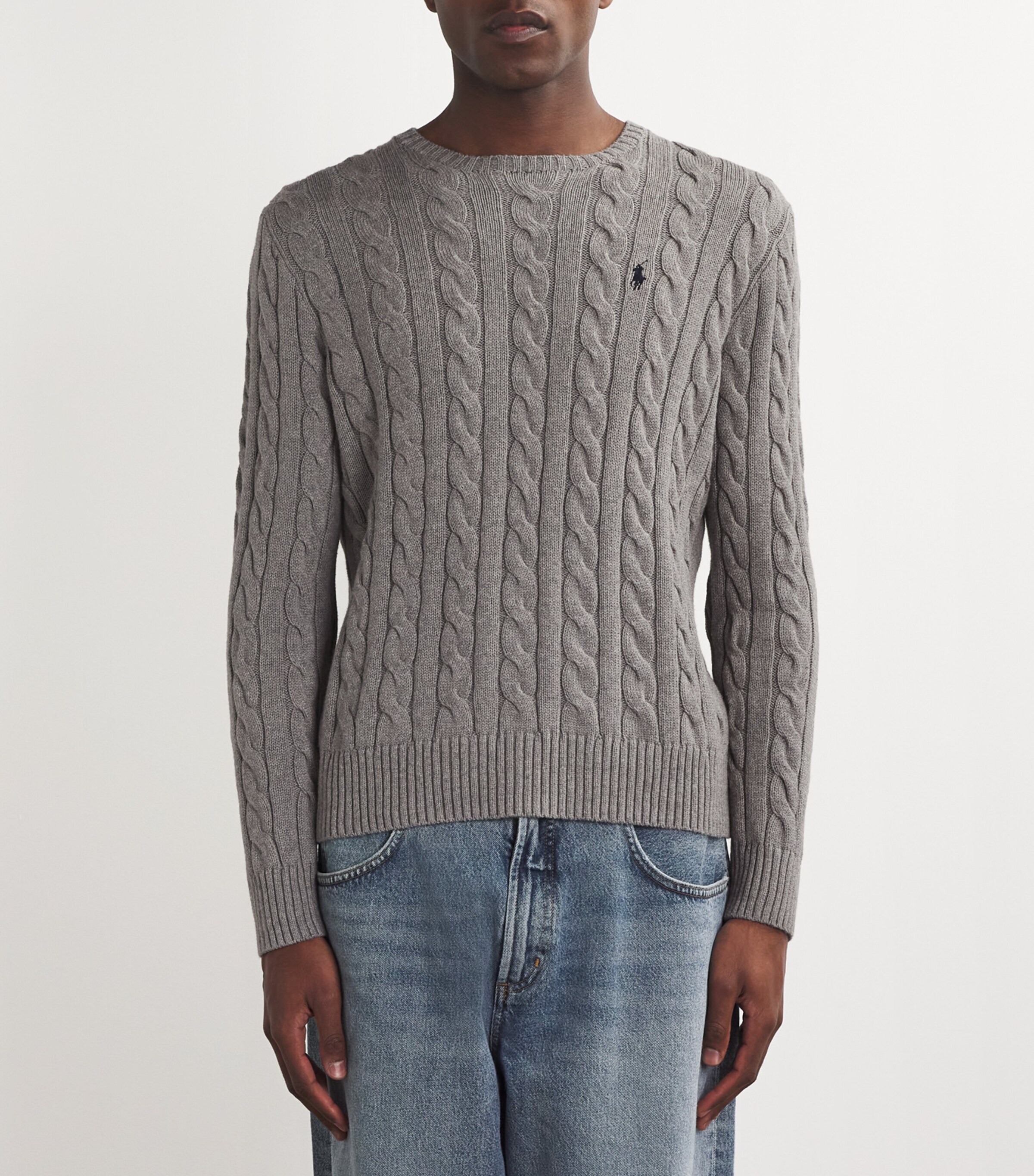 Polo Ralph Lauren Mens Cable-Knit Polo Logo Sweater Grey Image 3