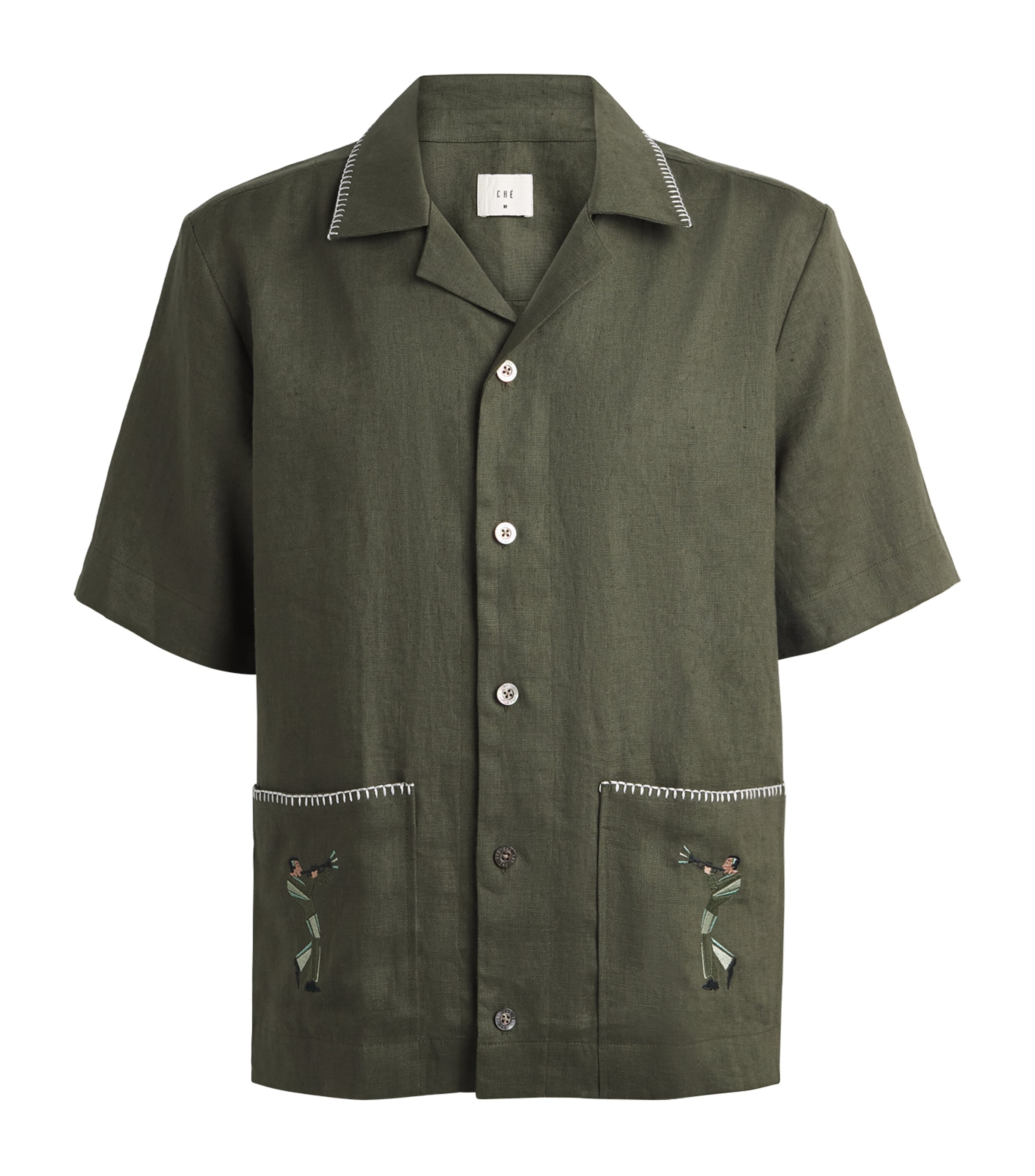CHÉ Mens Linen Trompette Embroidered Shirt Deep Forest Image 1
