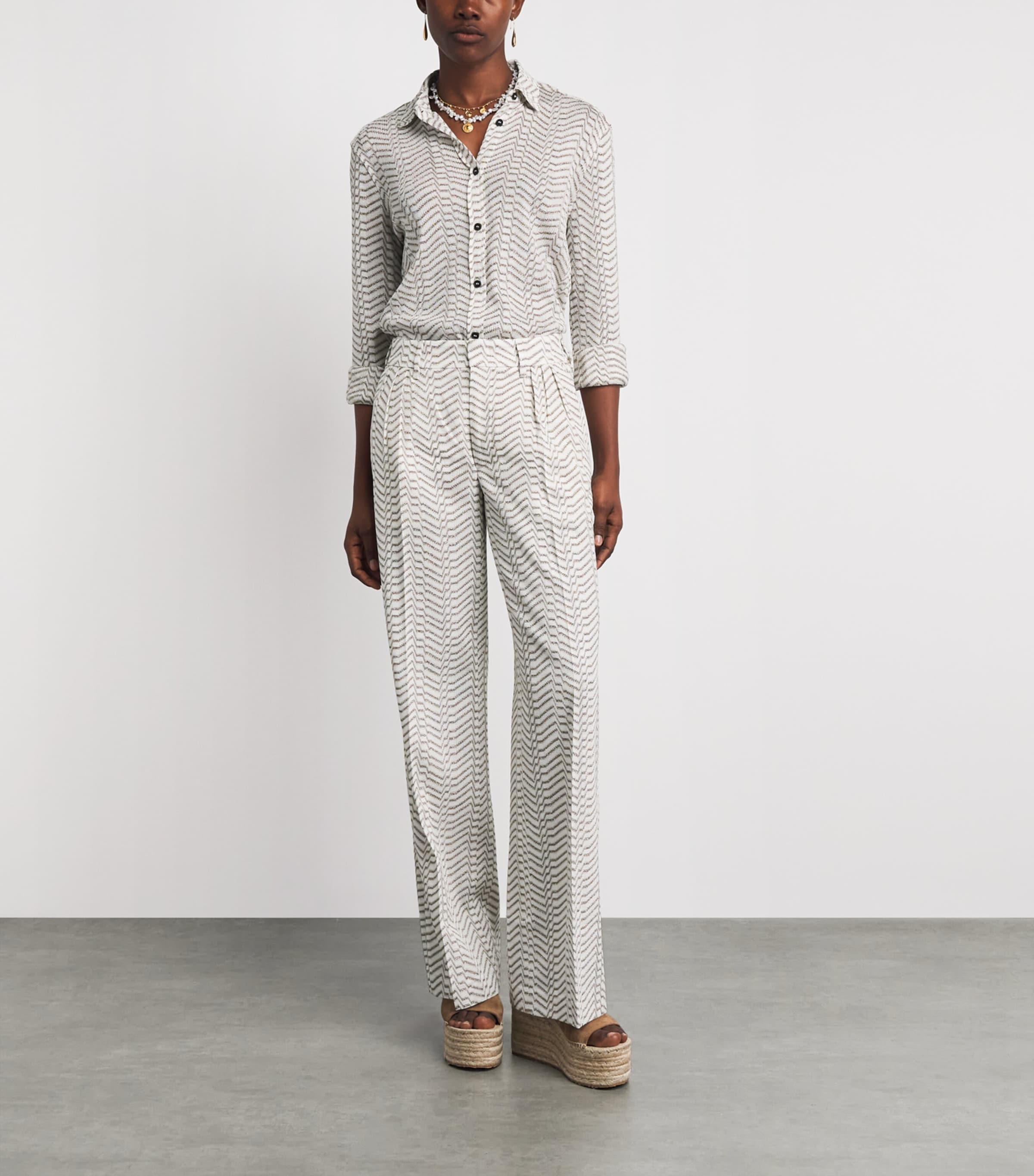 Missoni Womens Chevron Pleated Wide-Leg Trousers White And Gold Image 2