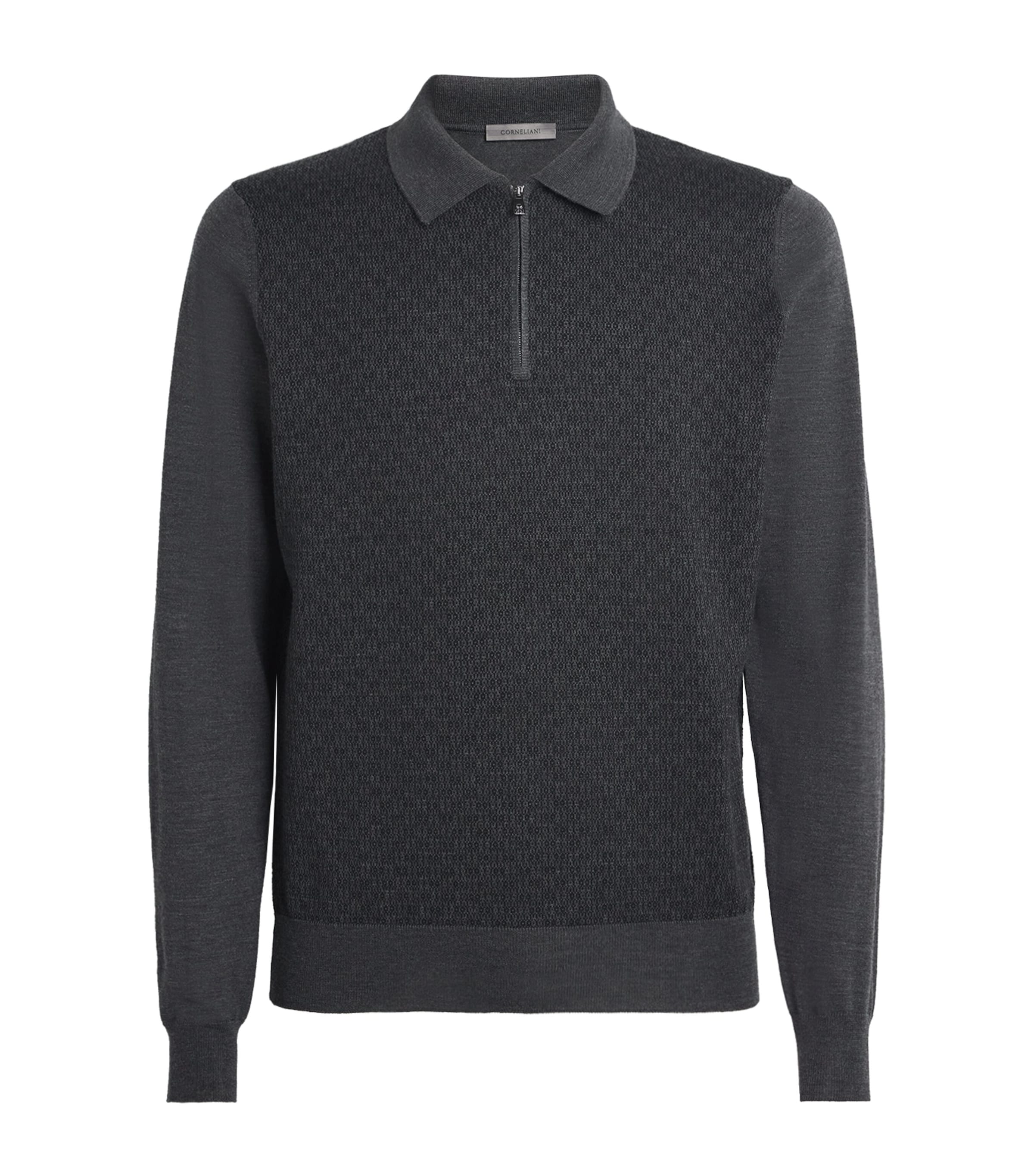 Corneliani Wool Knit Zip Polo Sweater In Black
