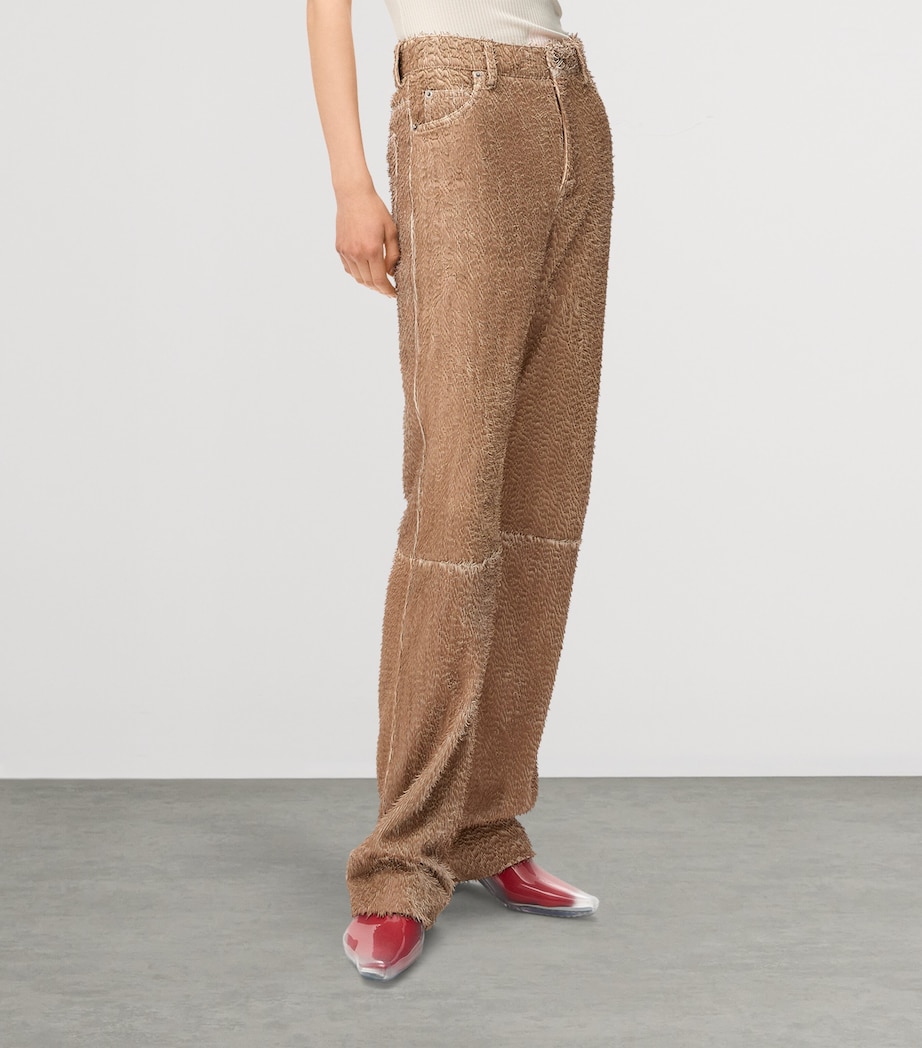 LOEWE Womens Frayed Leather Trousers Beige Image 3