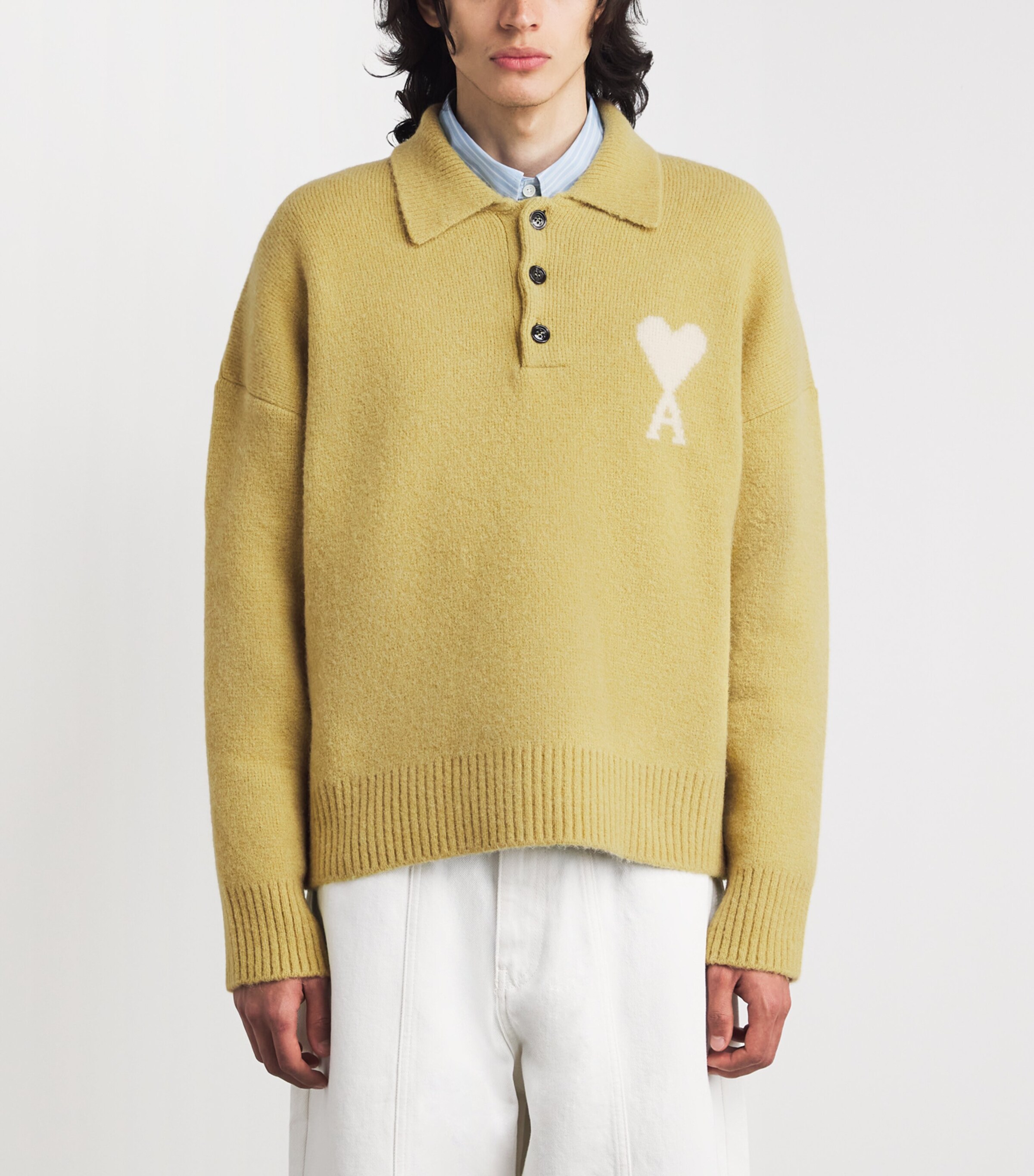 AMI Paris Mens Alpaca-Blend Ami de Coeur Polo Sweater Anis/ecru Image 4