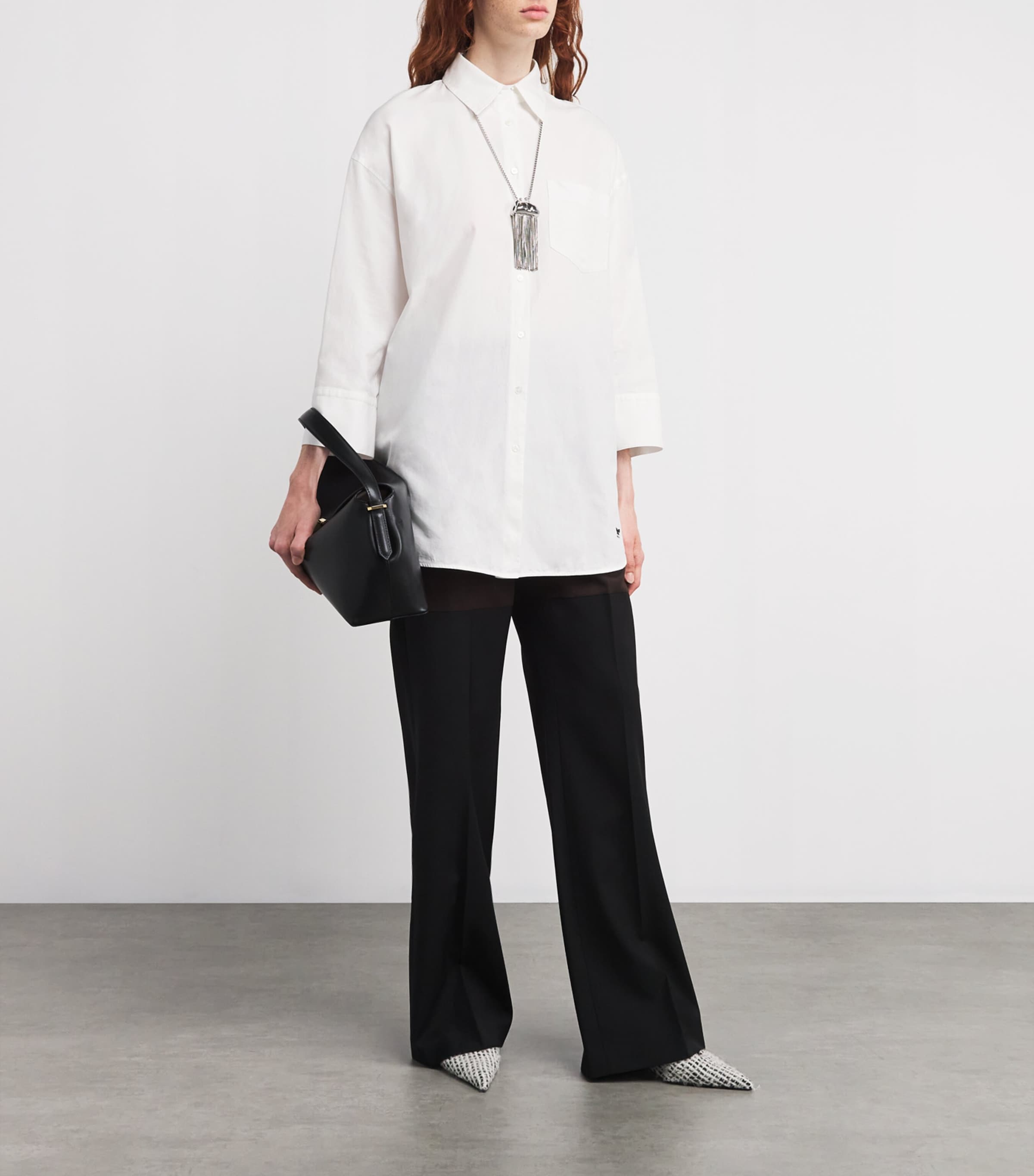 Cotton Cropped-Sleeve Oxford Shirt WHITE Image 2