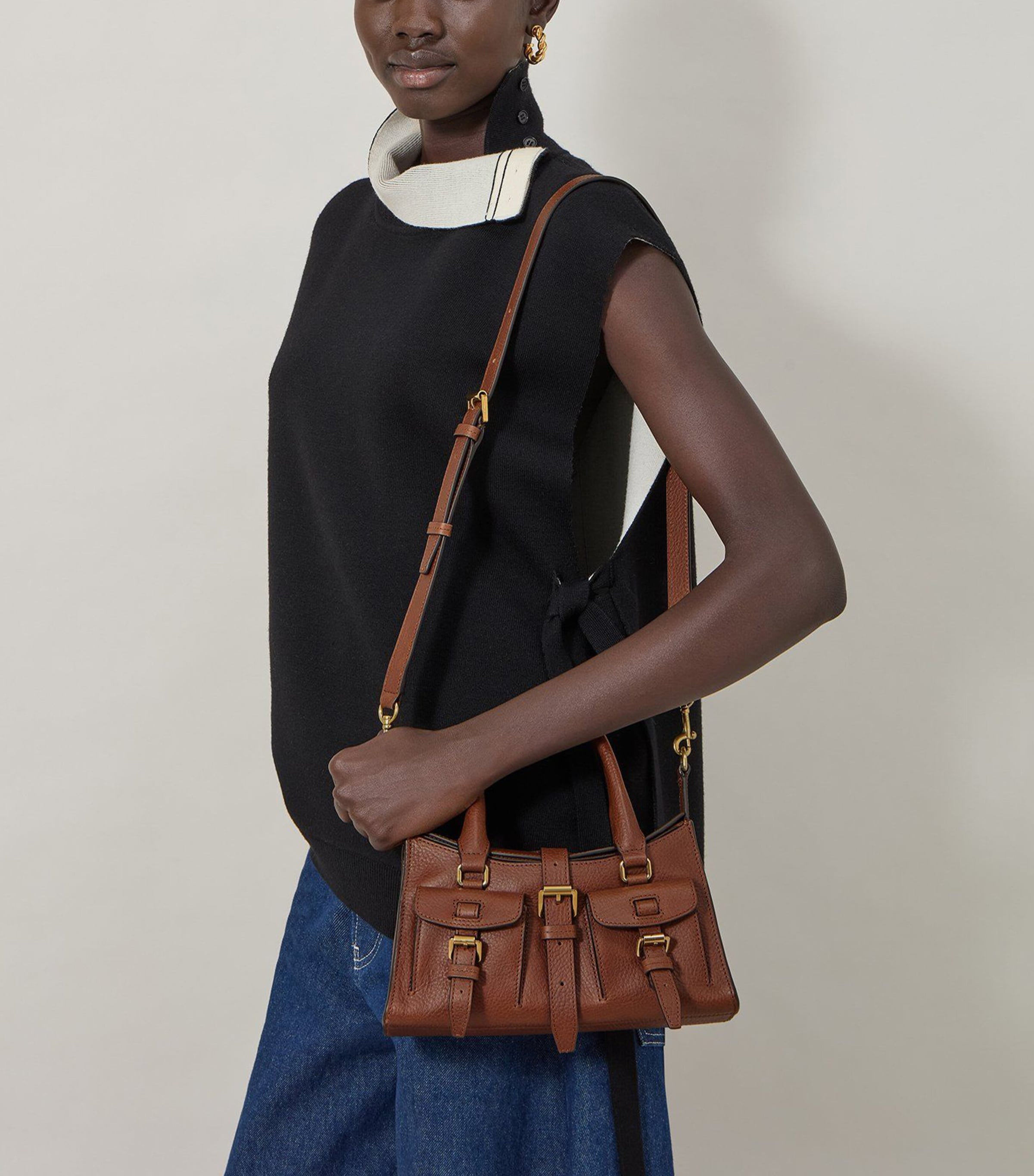 Mini Leather Roxanne Top-Handle Bag OAK Image 5