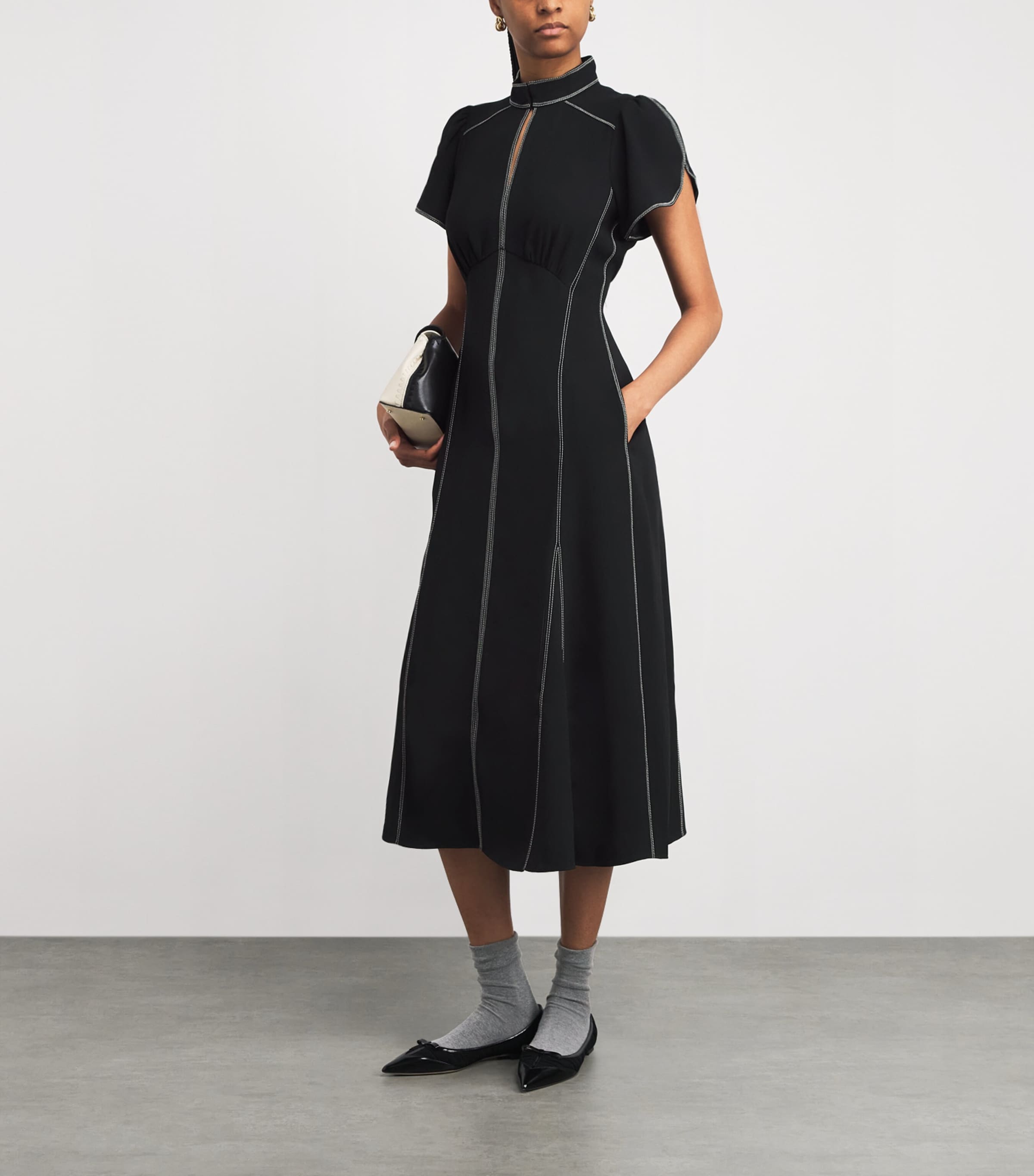 Topstitched Midi Dress BLACK Image 2
