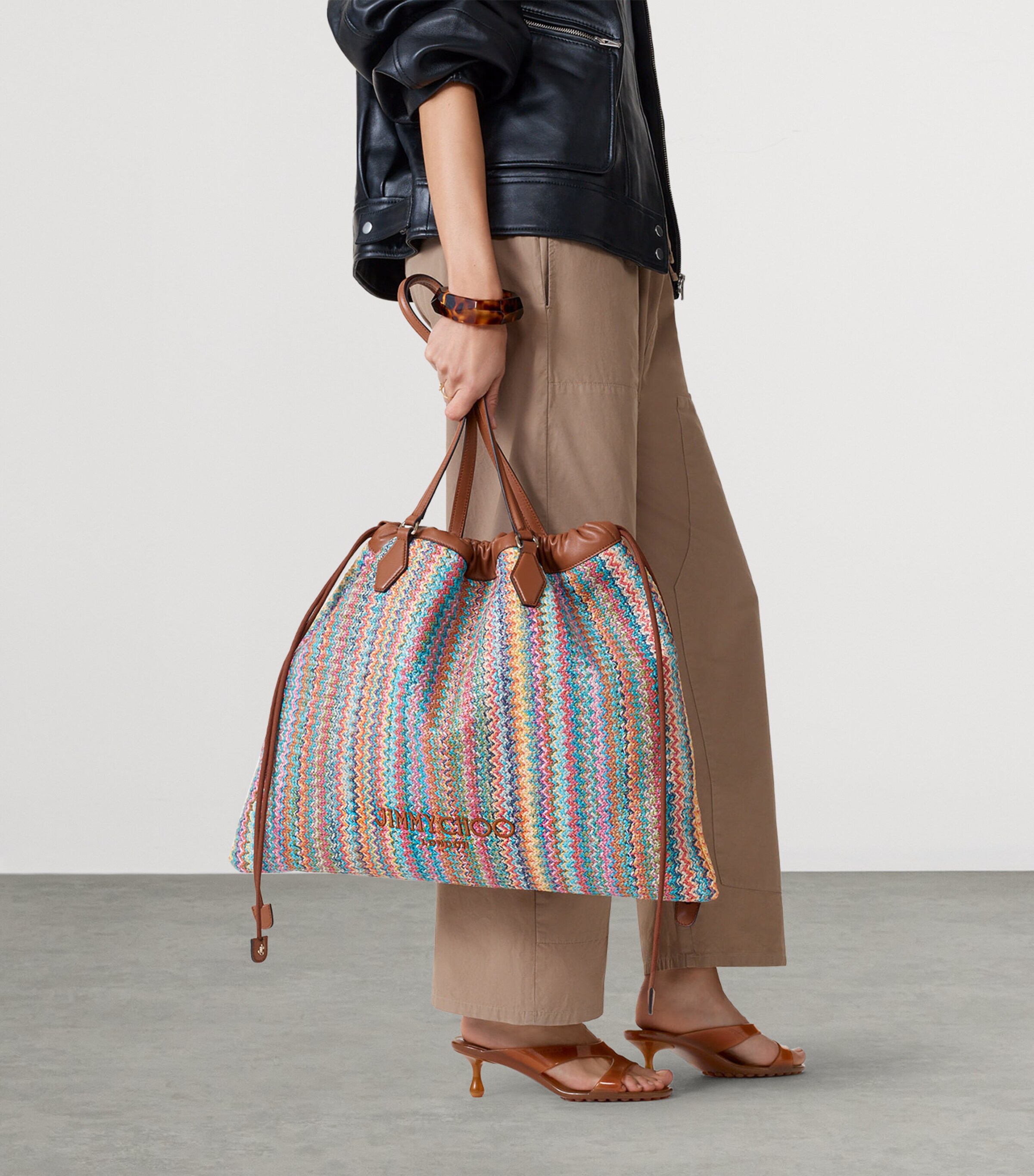 Jimmy Choo Large Raffia Drawstring Tote Bag Multi/tan/light Gold Image 3