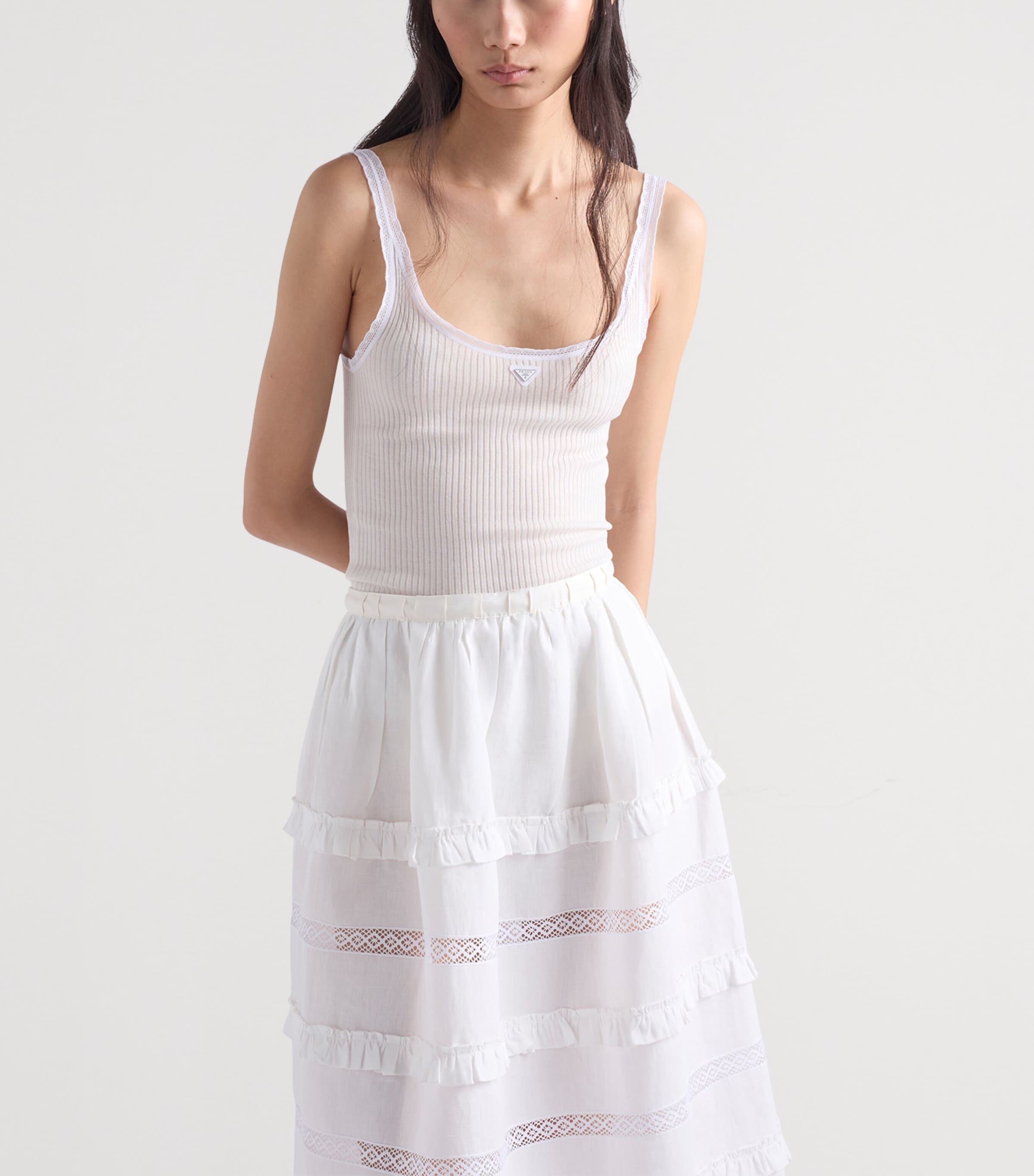 Prada Womens Cotton Ribbed Logo Tank Top White Image 3