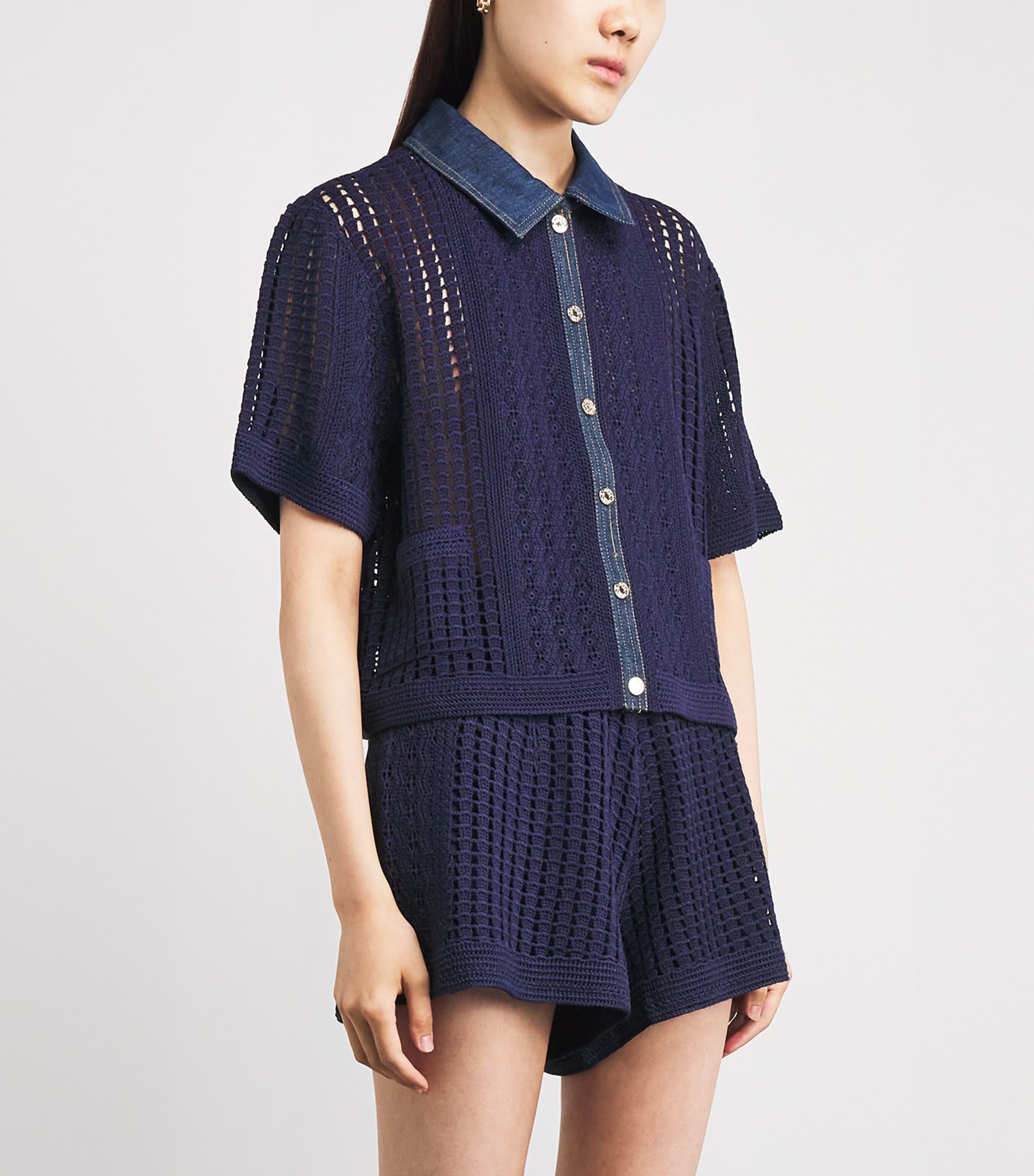 Sandro Paris Womens Crochet Denim-Trim Cardigan Navy Blue Image 4