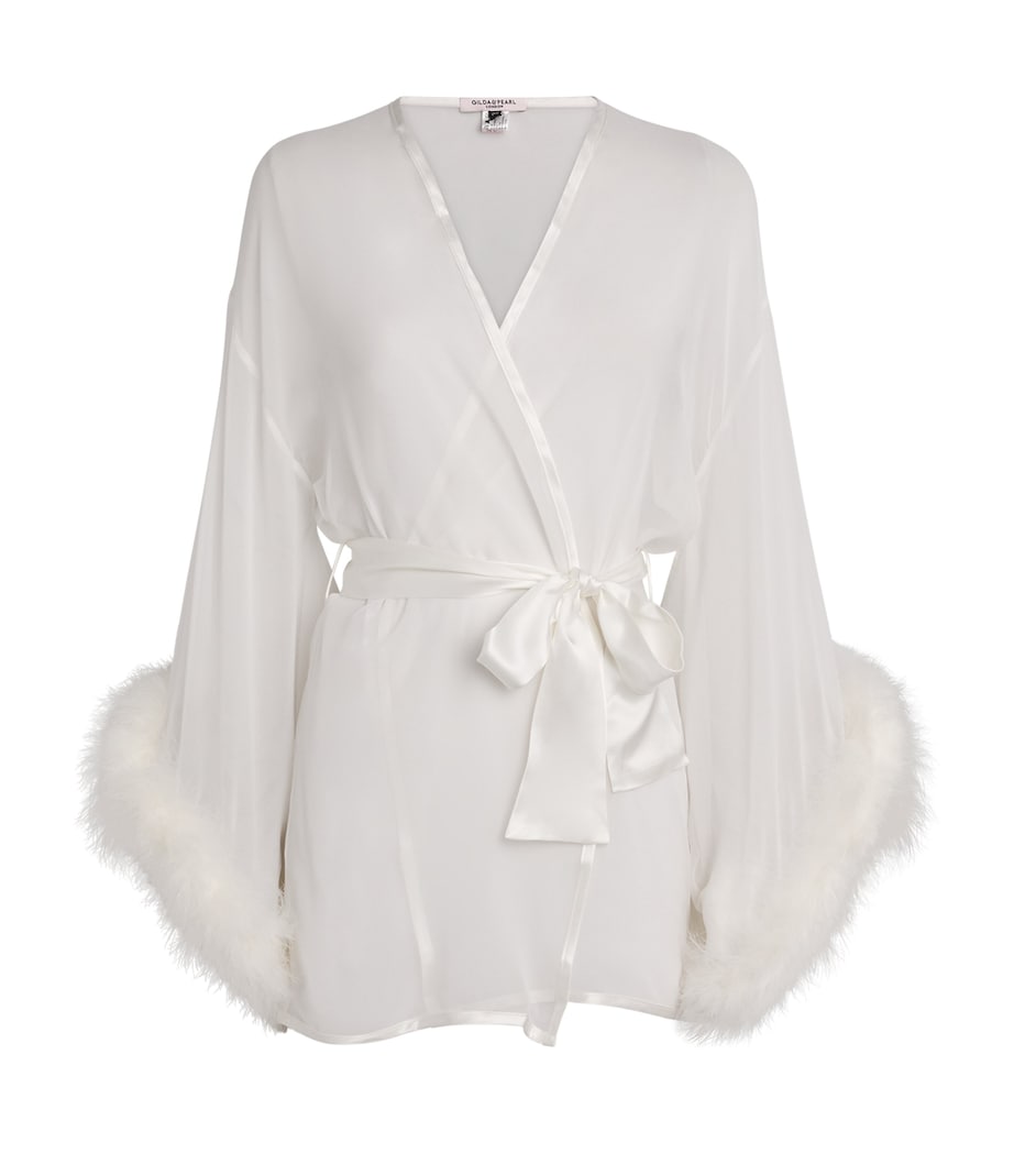 Silk Feather-Trim Sheer Diana Short Robe IVORY Image 1
