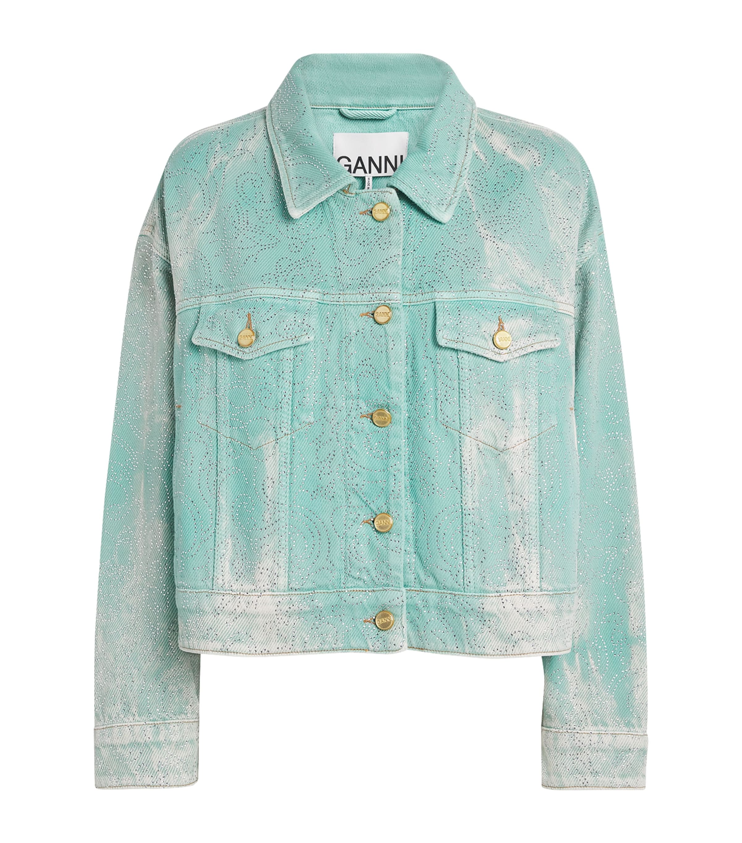 Ganni Embellished Washed Denim Jacket In Green