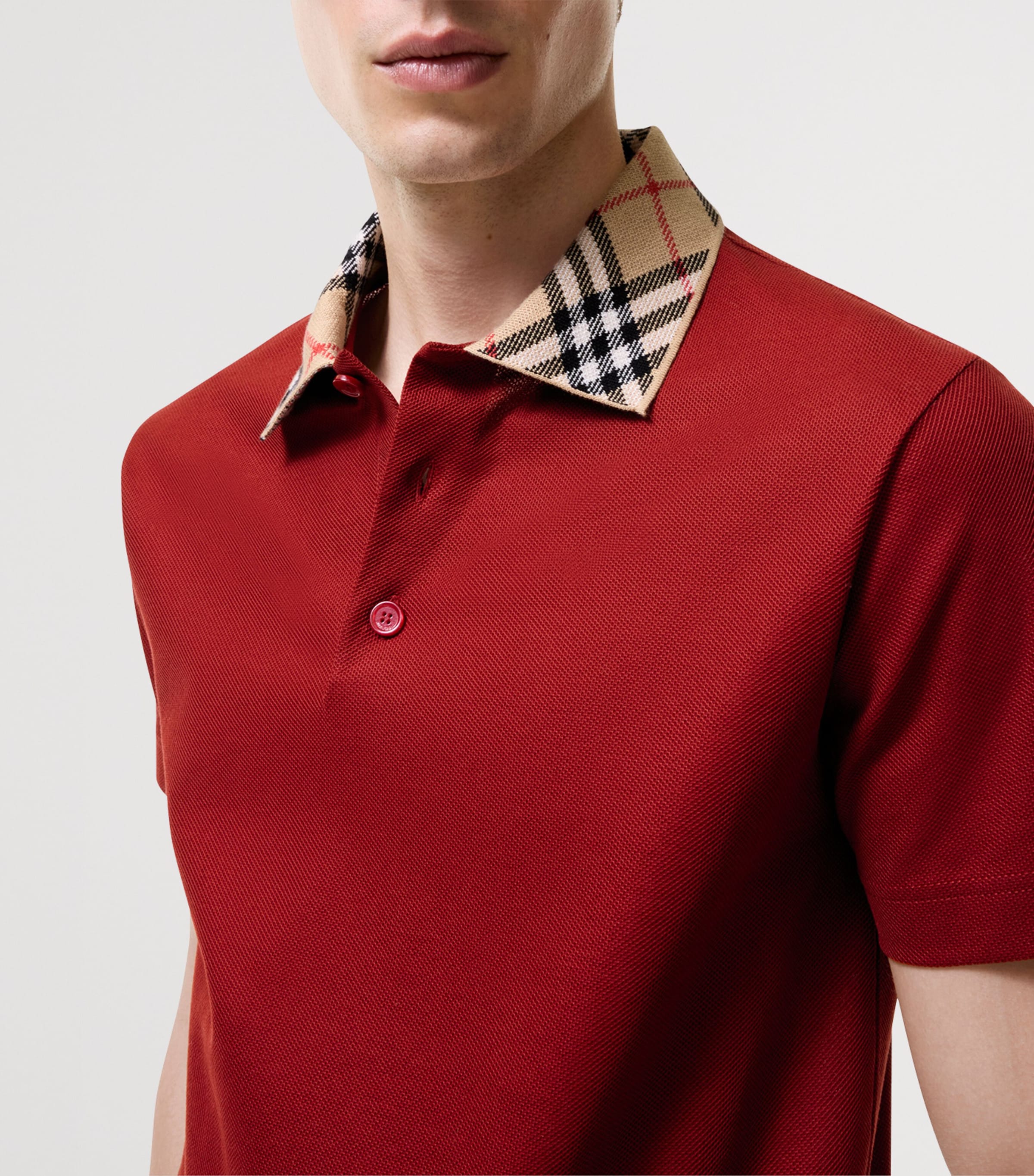 Burberry Mens Cotton Check-Collar Polo Shirt Vineyard Red Image 3