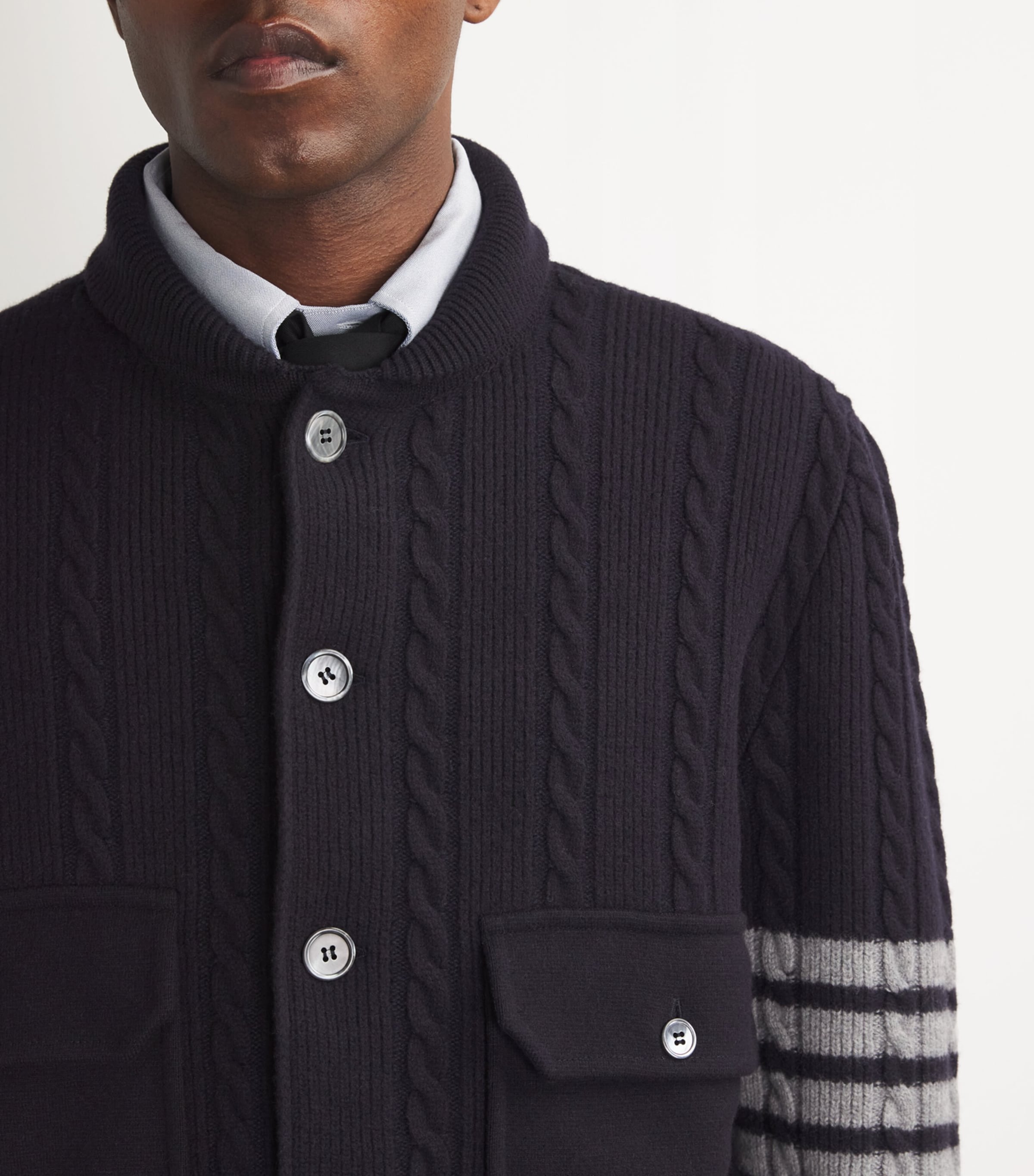 Thom Browne Wool-Cotton 4-Bar Cable-Knit Bomber Jacket