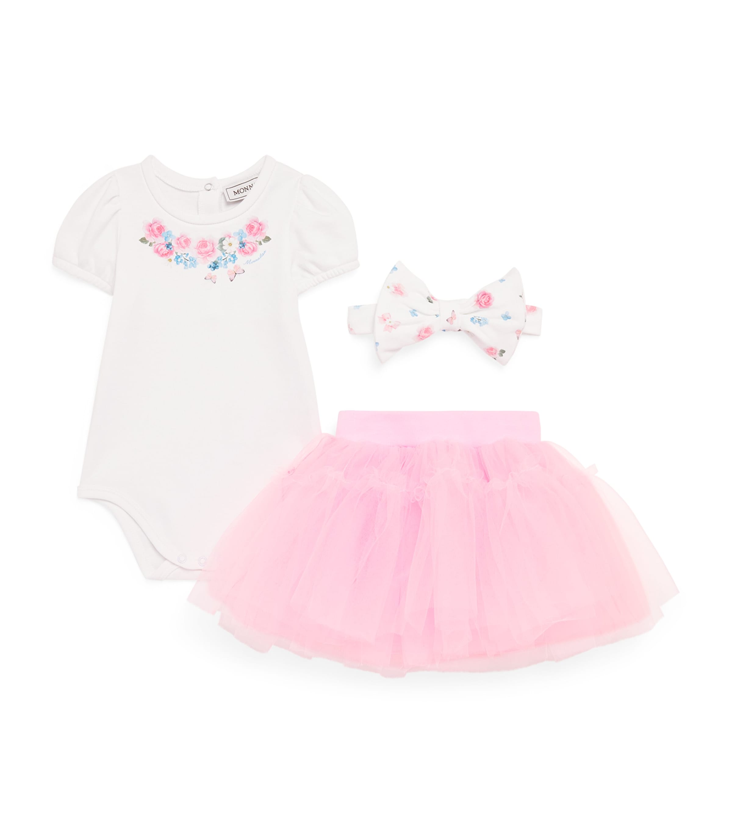 Monnalisa Printed Bodysuit, Skirt and Headband Set (1-9 Months) White+fairytale Pink Image 1