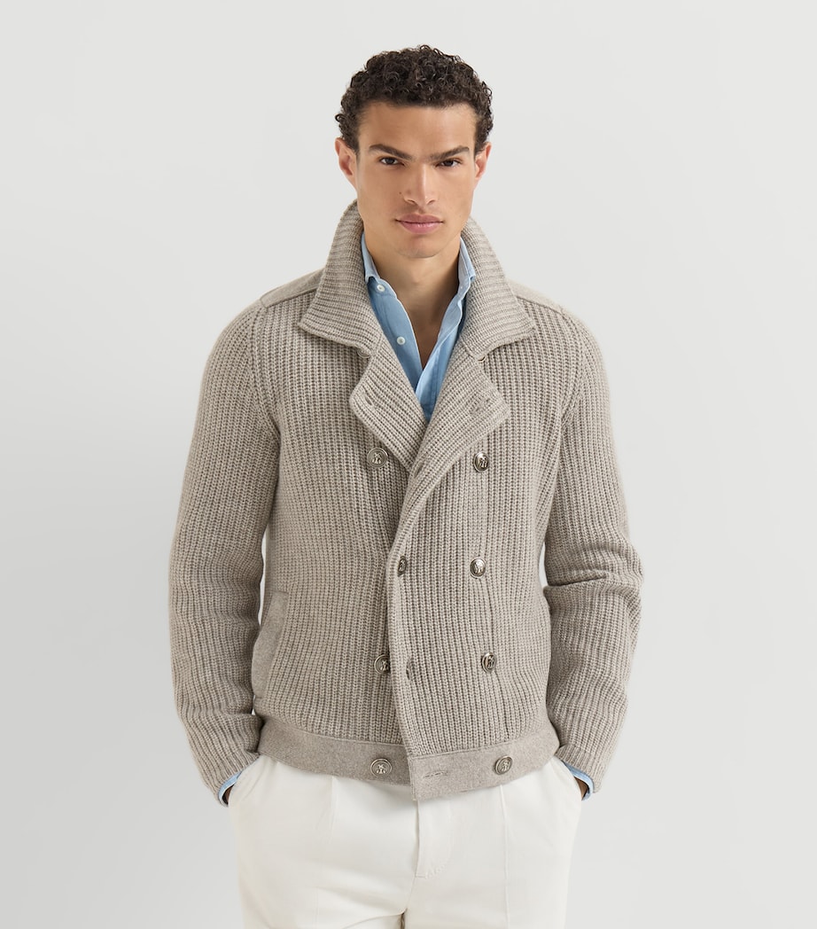 Brunello Cucinelli Mens Cashmere Double-Breasted Cardigan Stone Image 4