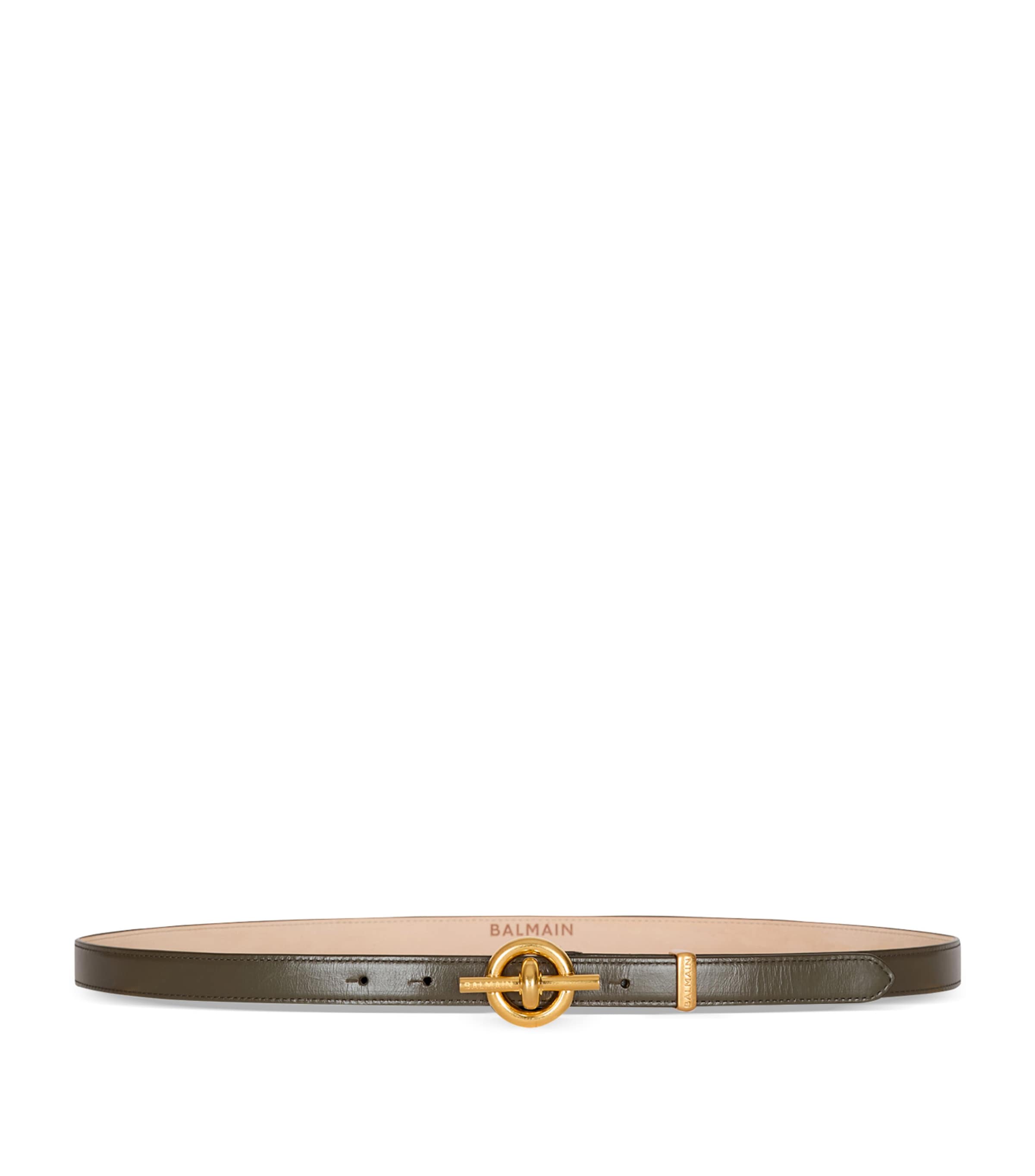 Balmain Leather Engraved T-Bar Belt Dark Olive Image 1