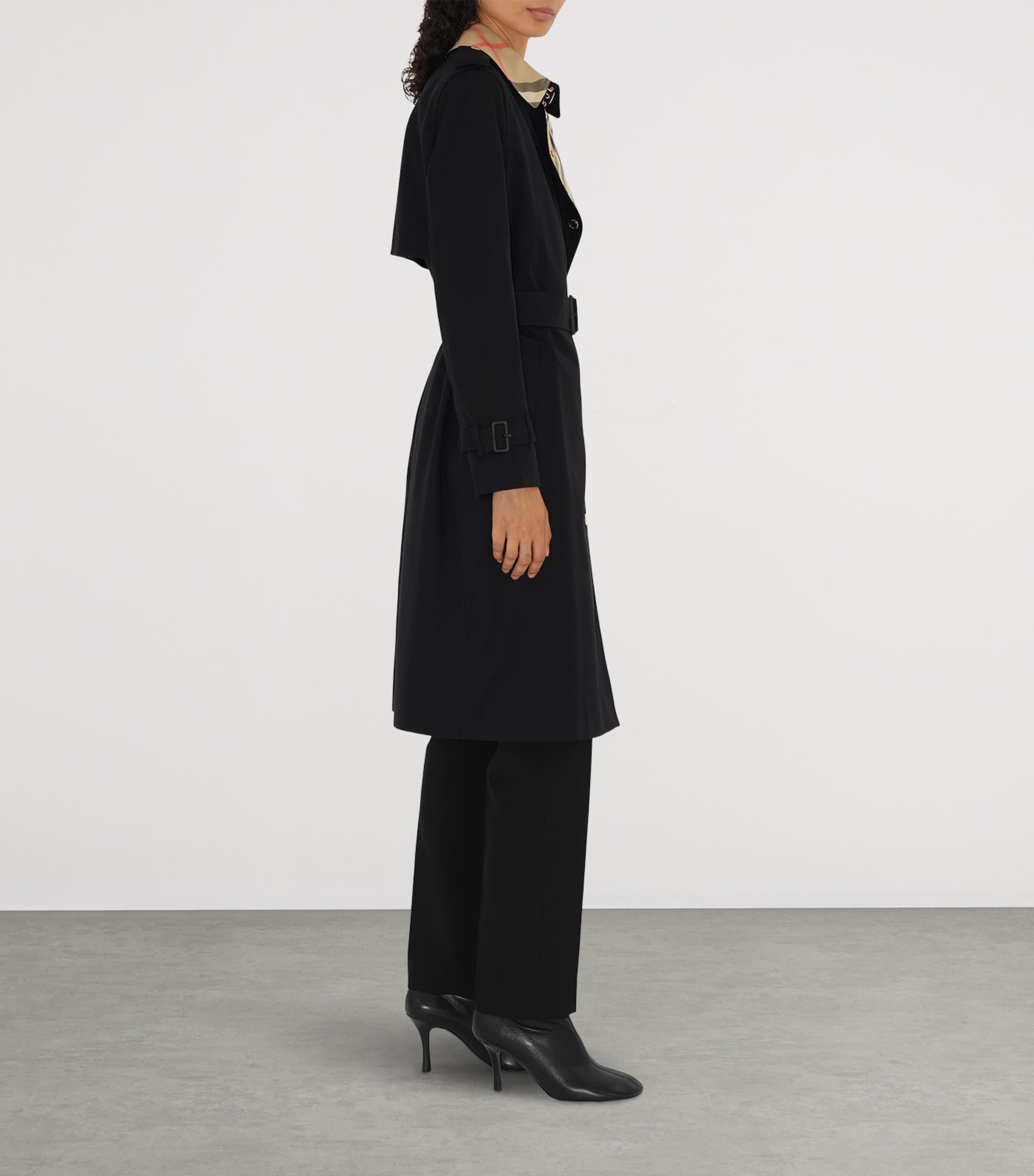 Long Check Gabardine Trench Coat BLACK Image 3