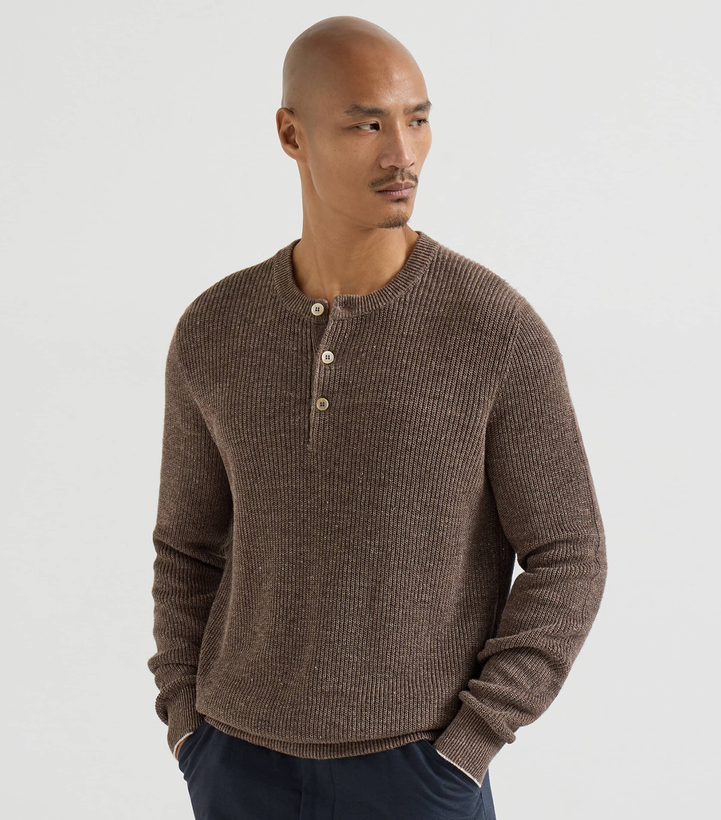 Brunello Cucinelli Mens Linen-Cotton Henley Sweater Image 2
