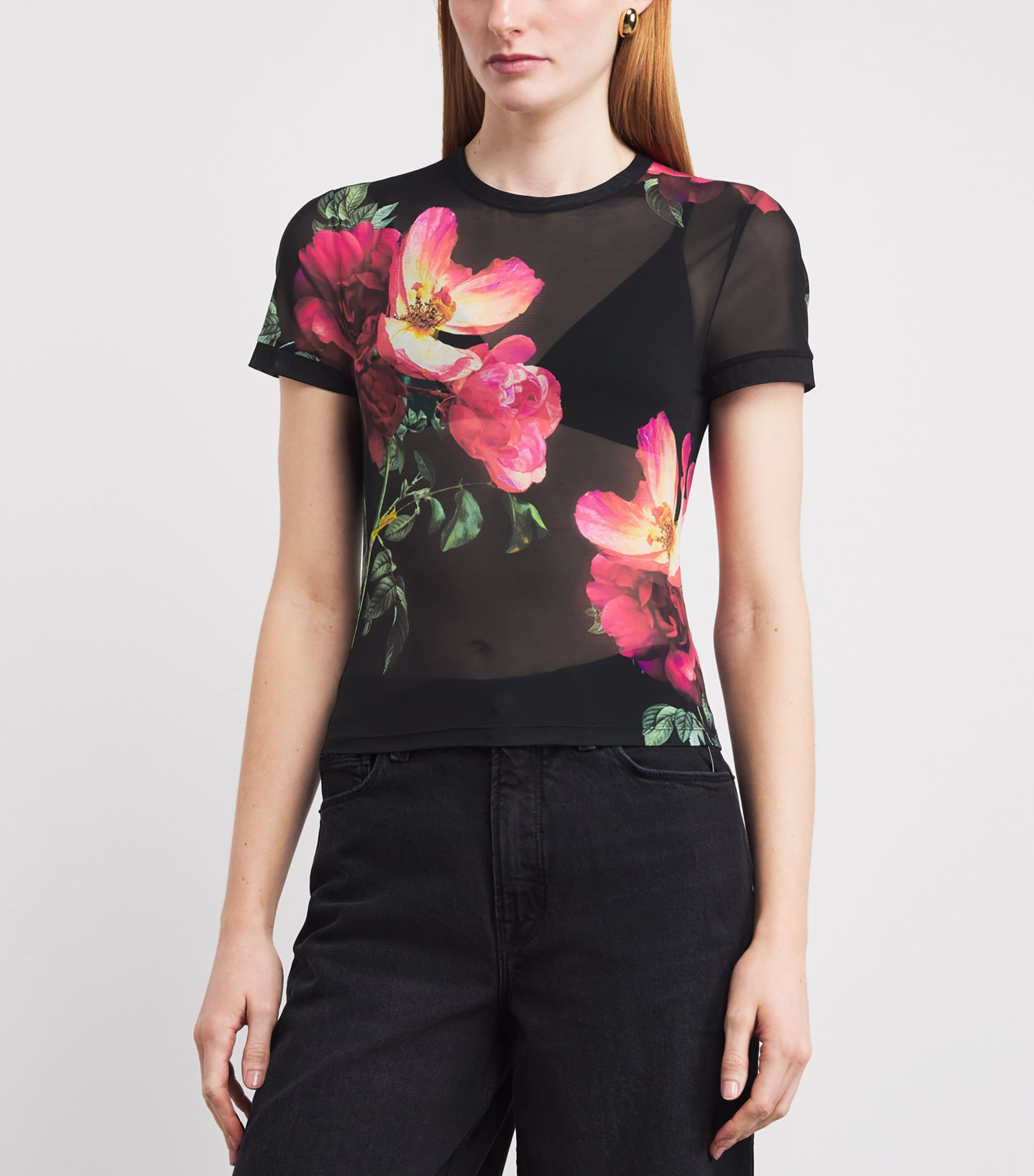 Alice+Olivia Womens Mesh Floral Tess T-Shirt Strngth Blck Image 3
