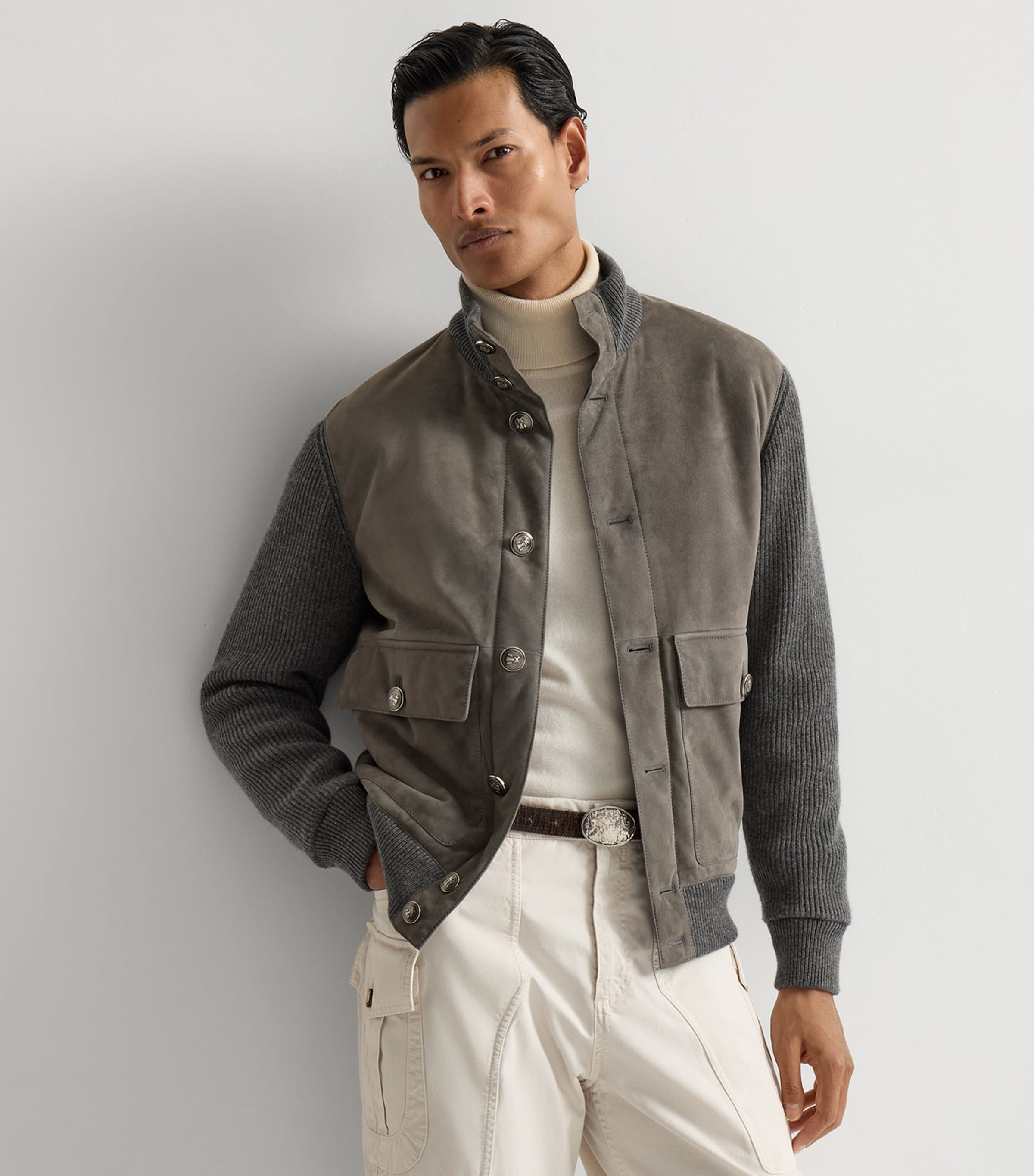 Brunello Cucinelli Mens Cotton-Suede Hybrid Bomber Jacket Image 2