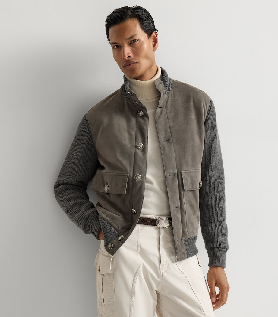 Brunello Cucinelli Mens Cotton-Suede Hybrid Bomber Jacket Image 2