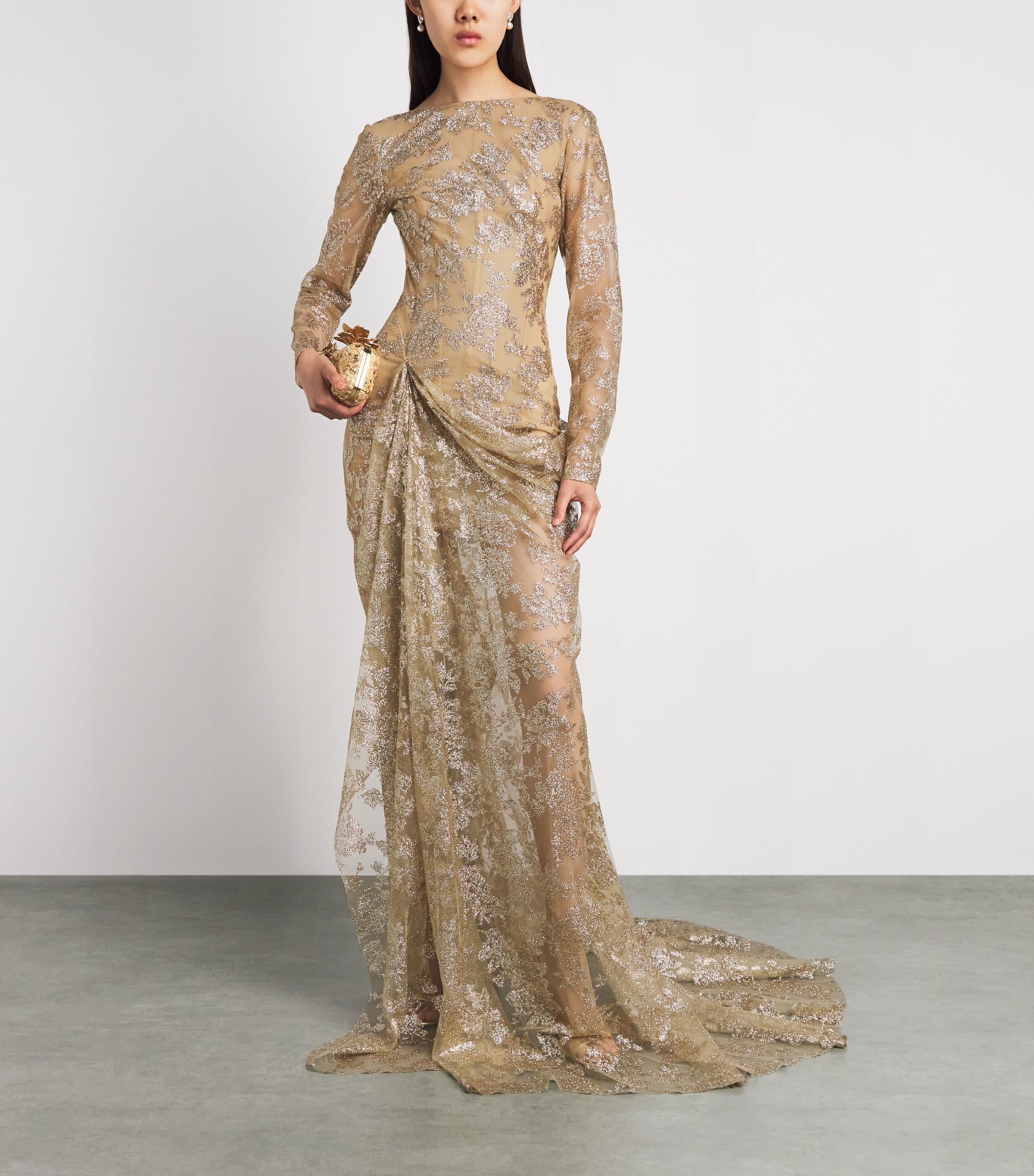 Sandra Mansour Womens Embellished Long-Sleeve Gown Gold Image 2
