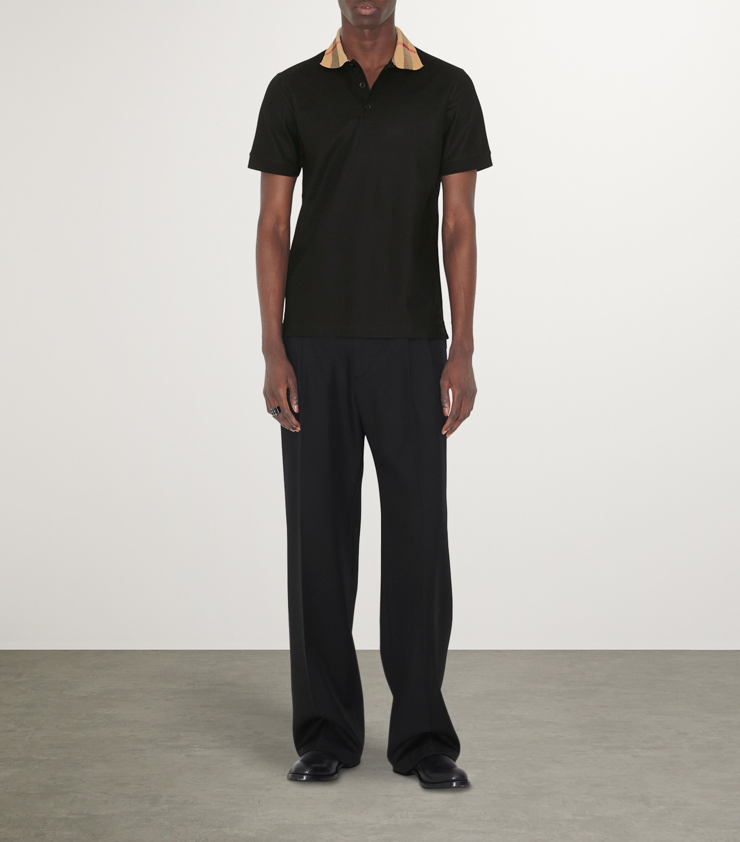 Cotton Check-Collar Polo Shirt BLACK Image 4