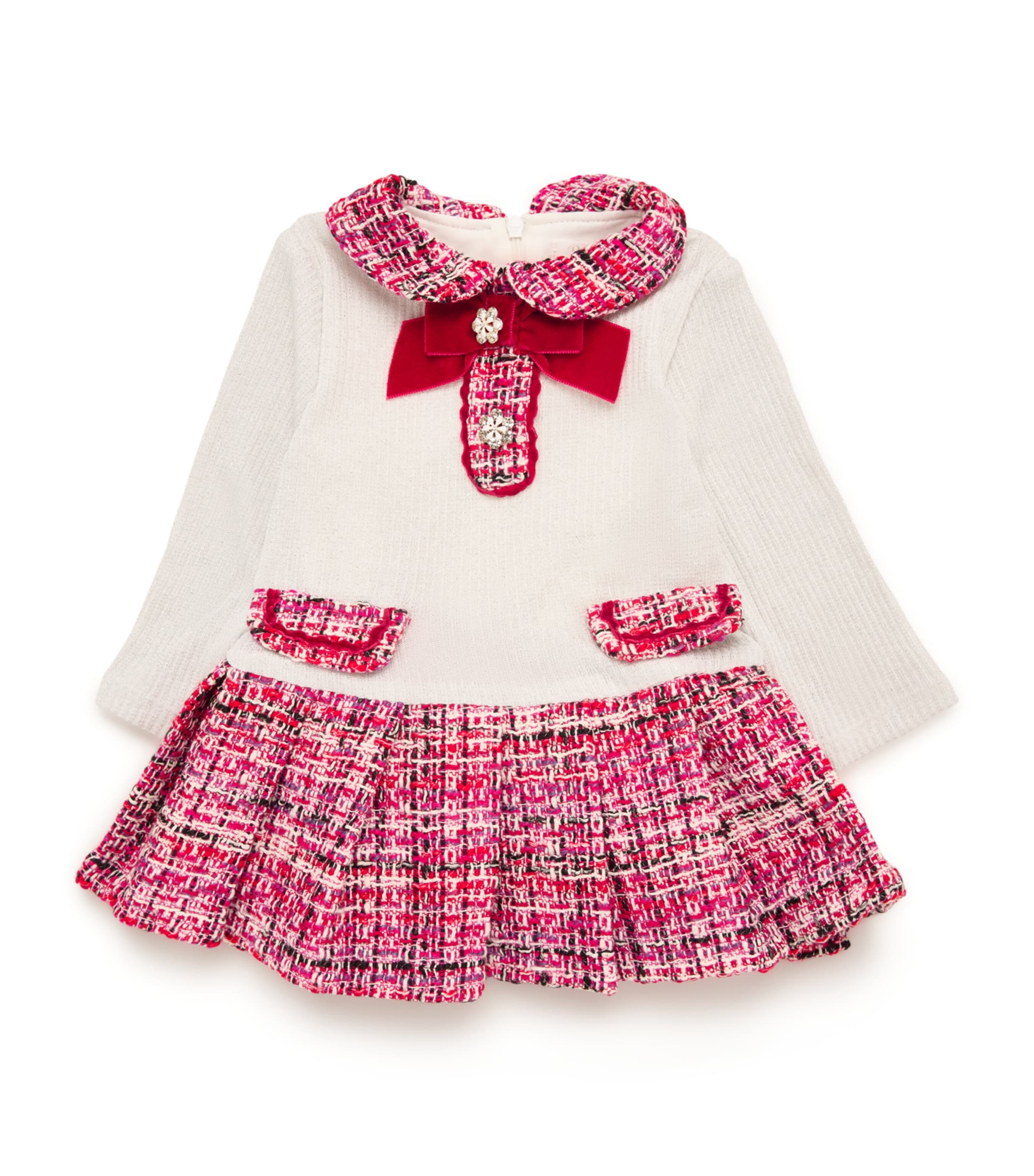 Patachou Tweed-trim Rib-knit Dress In Red