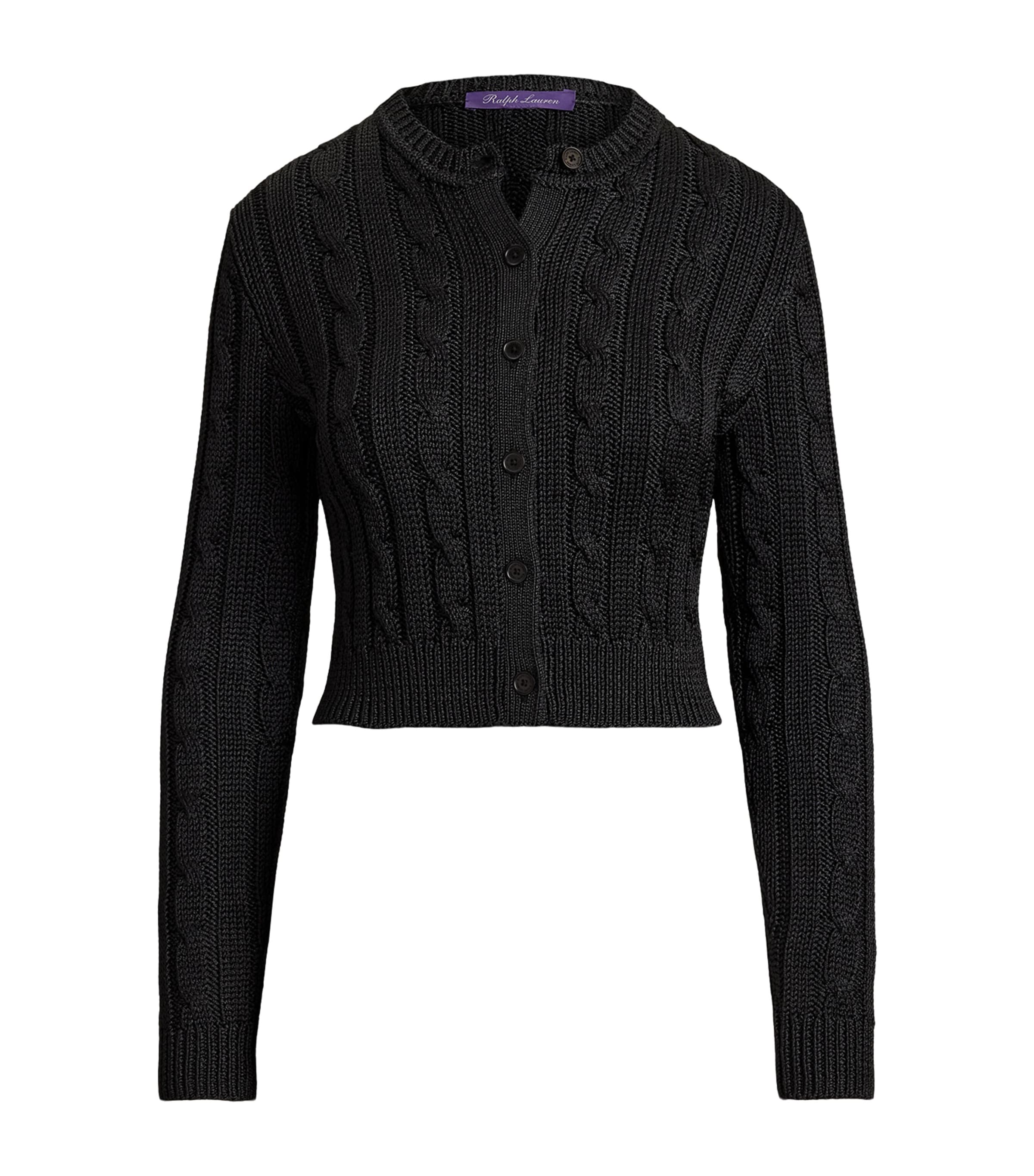 Ralph Lauren Collection Womens Silk Cable-Knit Cropped Cardigan Black Image 1