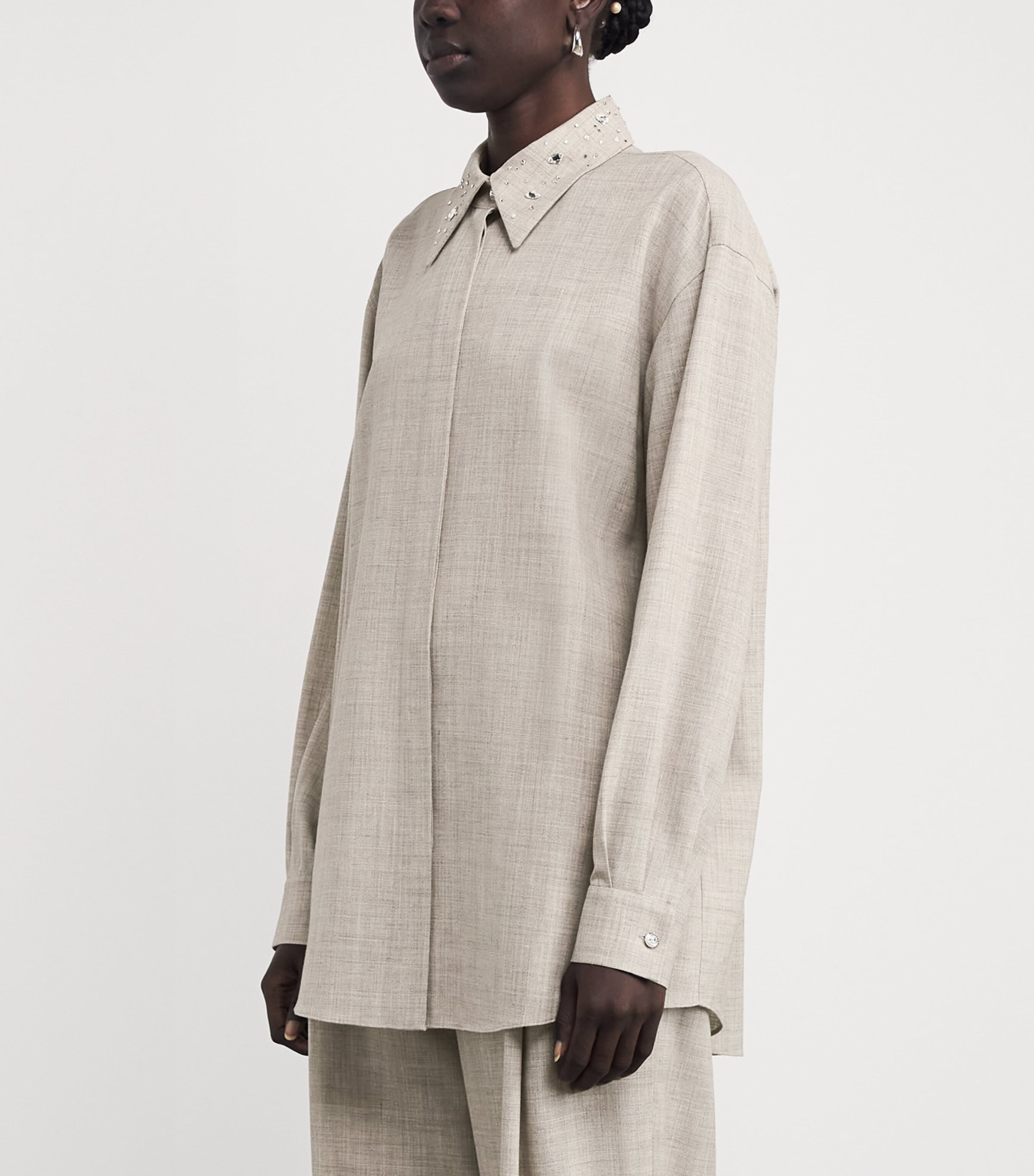 Wool-Silk-Linen Embellished Shirt TAUPE MULTI Image 3