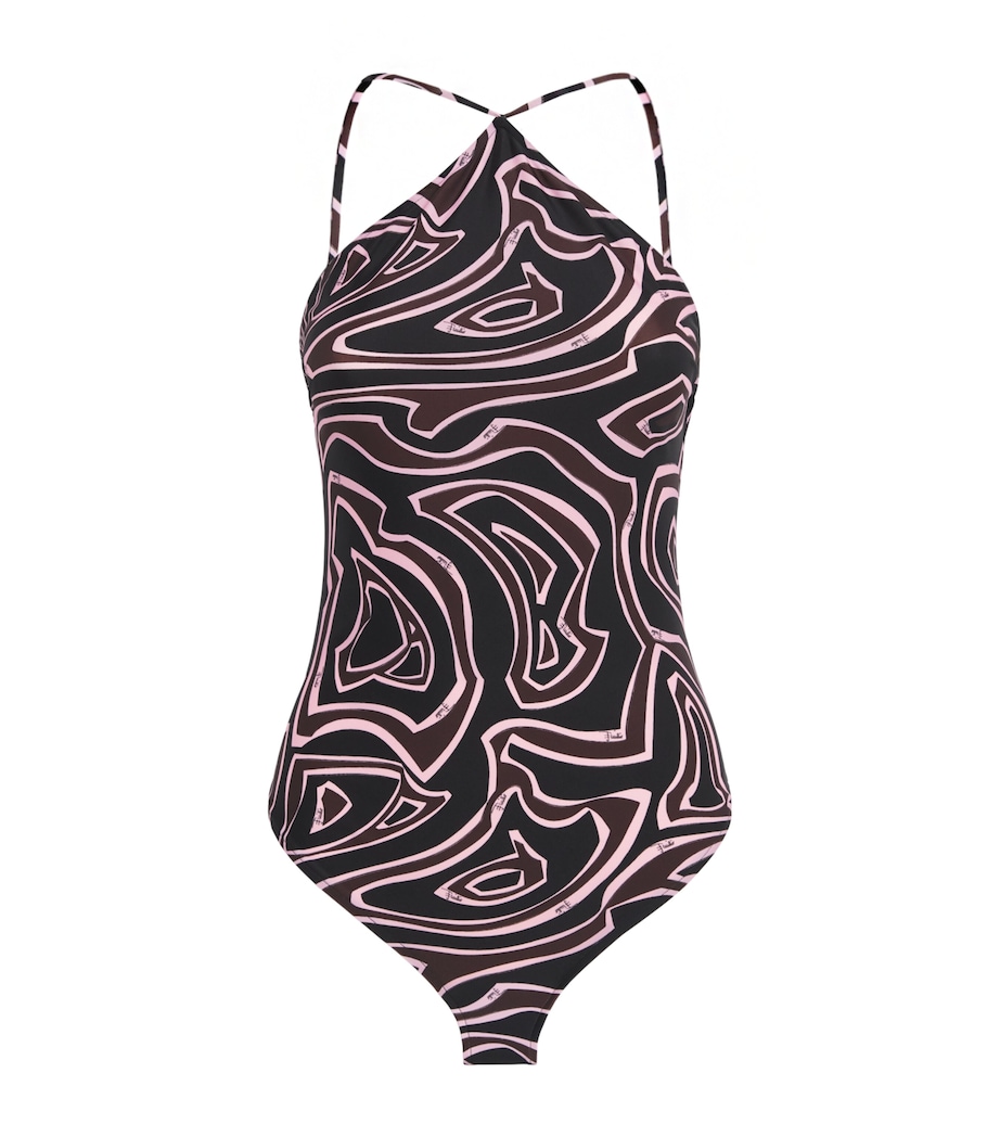 PUCCI Womens Labirinto Print Halterneck Swimsuit Khaki Pink Image 1