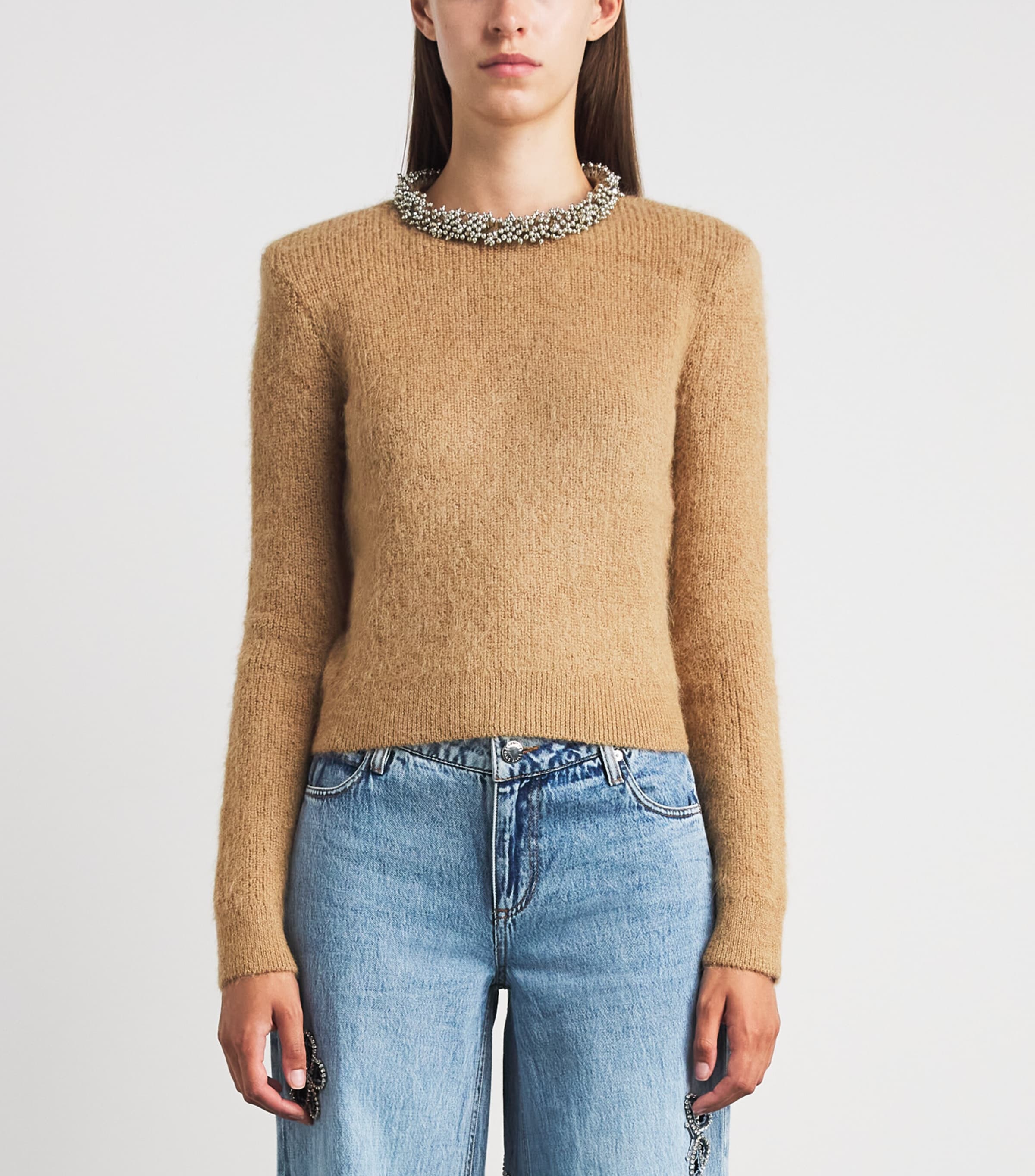 Self-Portrait Womens Beaded-Neckline Sweater Brown Image 4