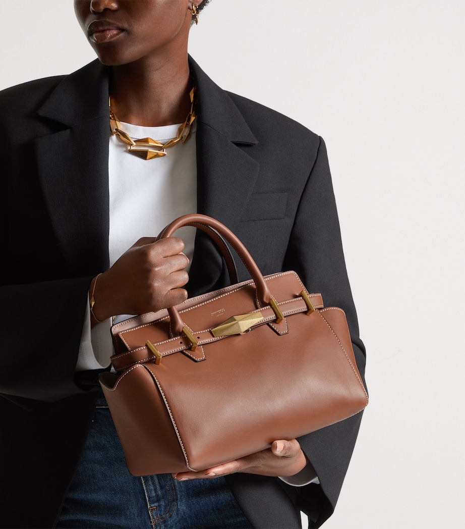 Diamond Leather Belted Top-Handle Bag TAN/ECRU/GOLD Image 2