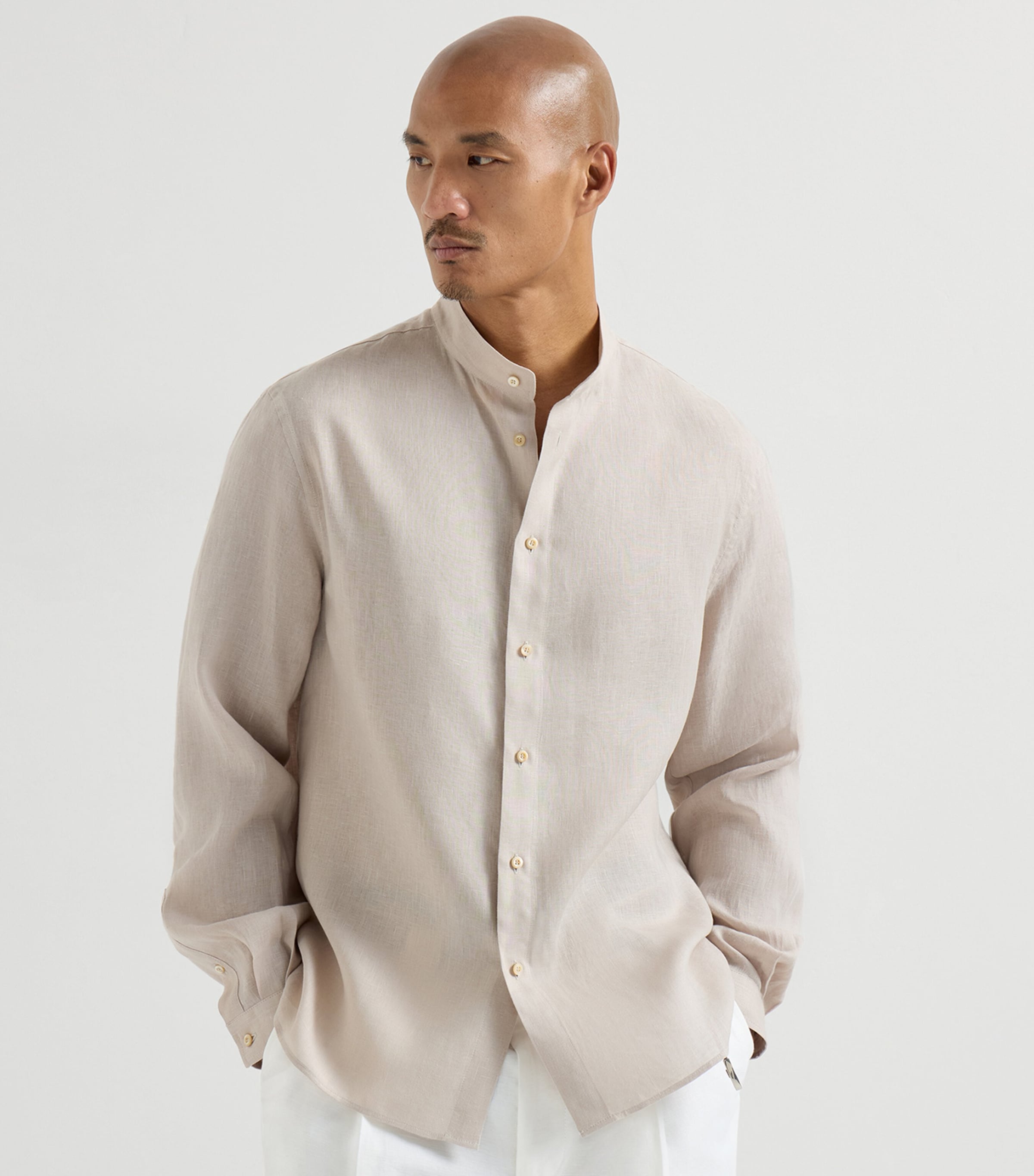 Brunello Cucinelli Mens Linen Mandarin Collar Shirt Image 3
