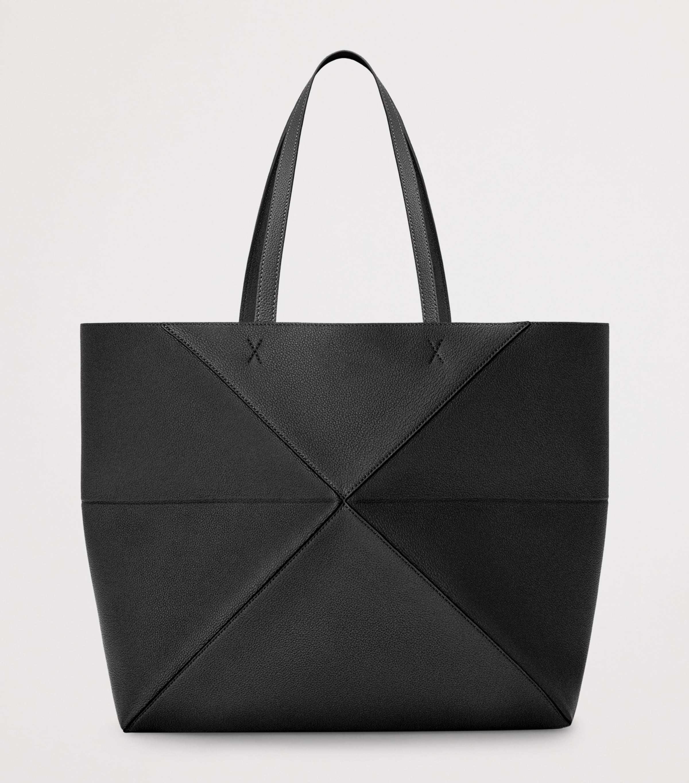 Large Leather Puzzle Fold Tote Bag BLACK Image 3