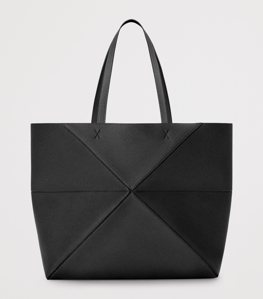 Large Leather Puzzle Fold Tote Bag BLACK Image 3