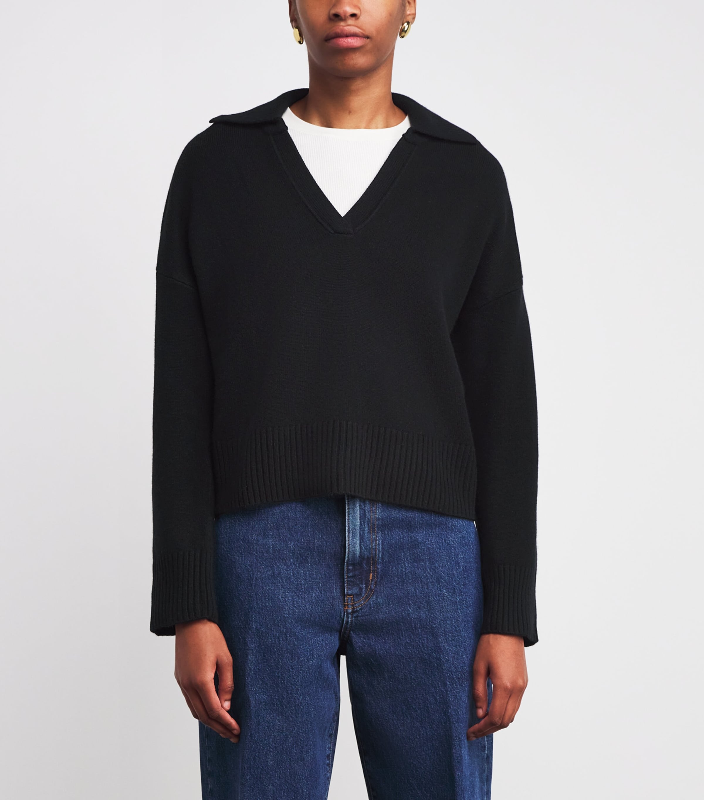 Open Collar Polo Sweater BLACK Image 3